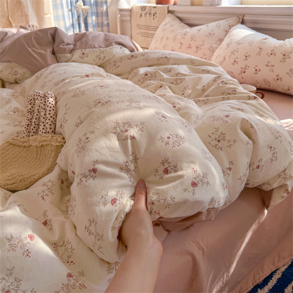 91家纺网 家纺一手货源 找家纺 玉海棠家纺 2026新款古法水洗仿棉云感纱四件套 花晨月汐