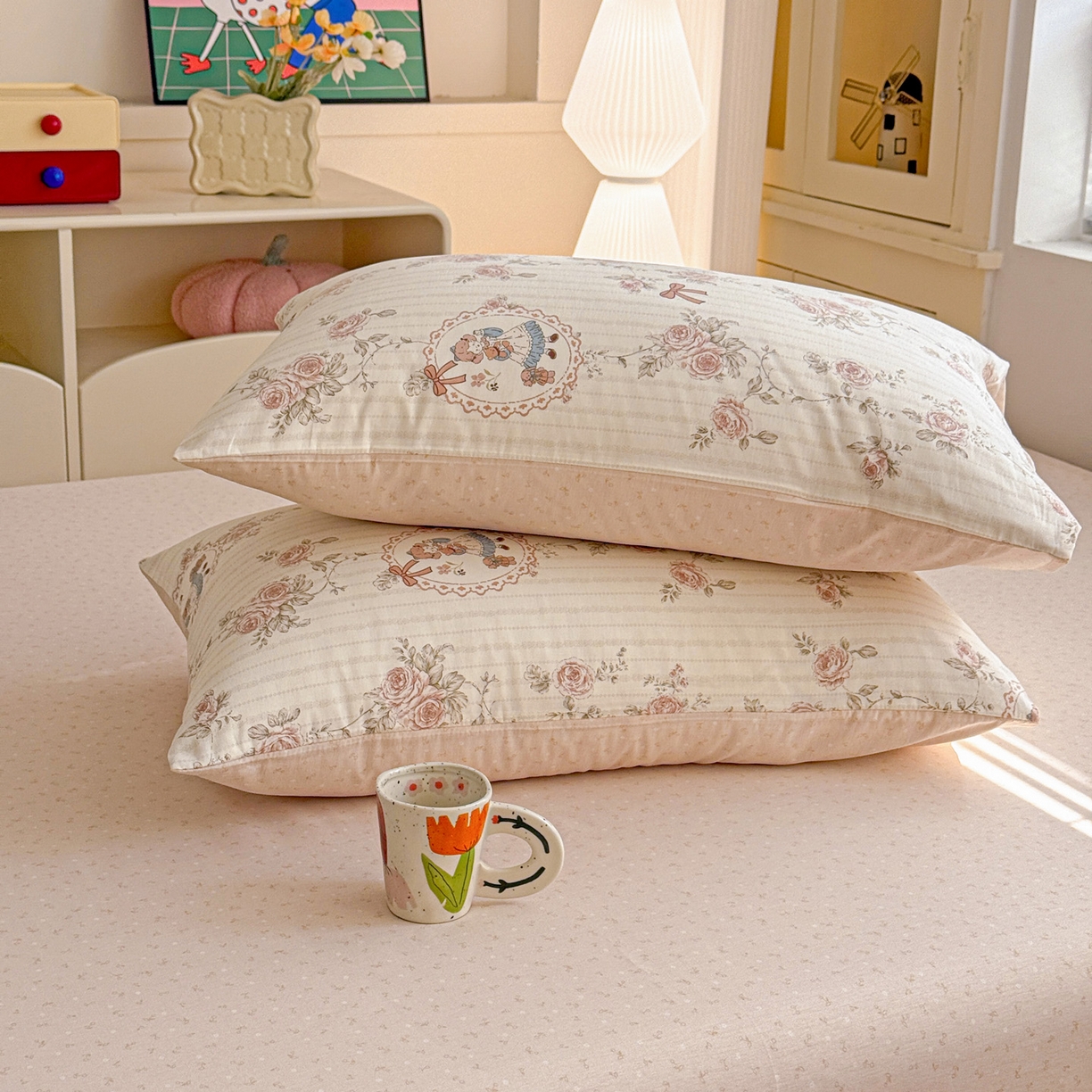 91家纺网 家纺一手货源 找家纺 名品家纺 2026新款100%纯棉枕套系列 蔷薇姑娘