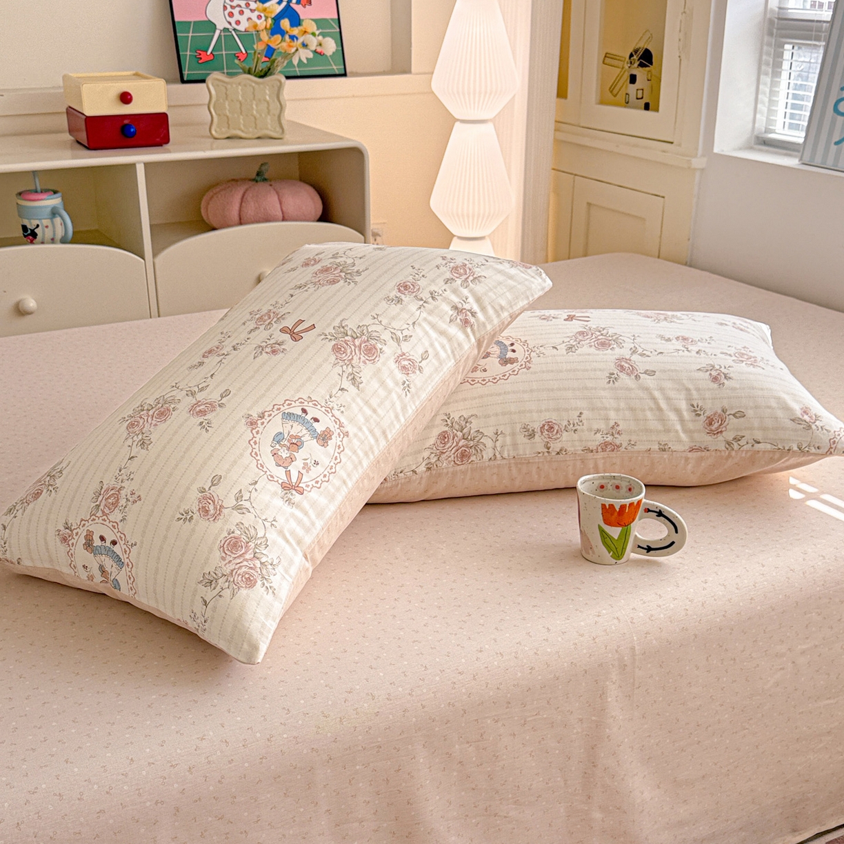 91家纺网 家纺一手货源 找家纺 名品家纺 2026新款100%纯棉枕套系列 蔷薇姑娘