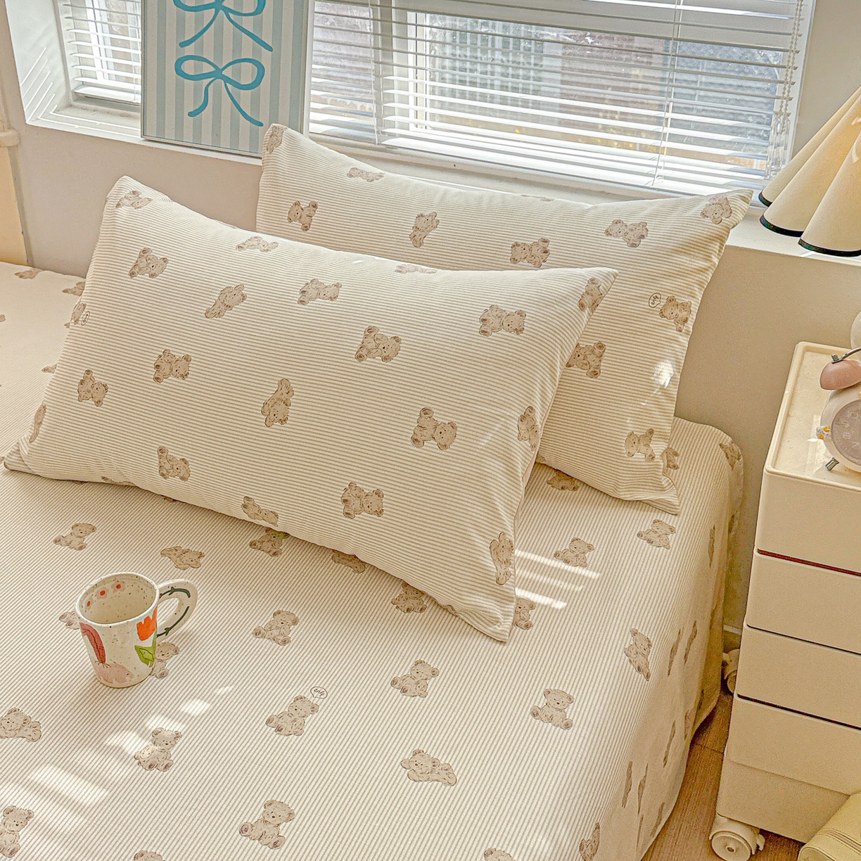 91家纺网 家纺一手货源 找家纺 名品家纺 2026新款100%纯棉枕套系列 条纹小熊