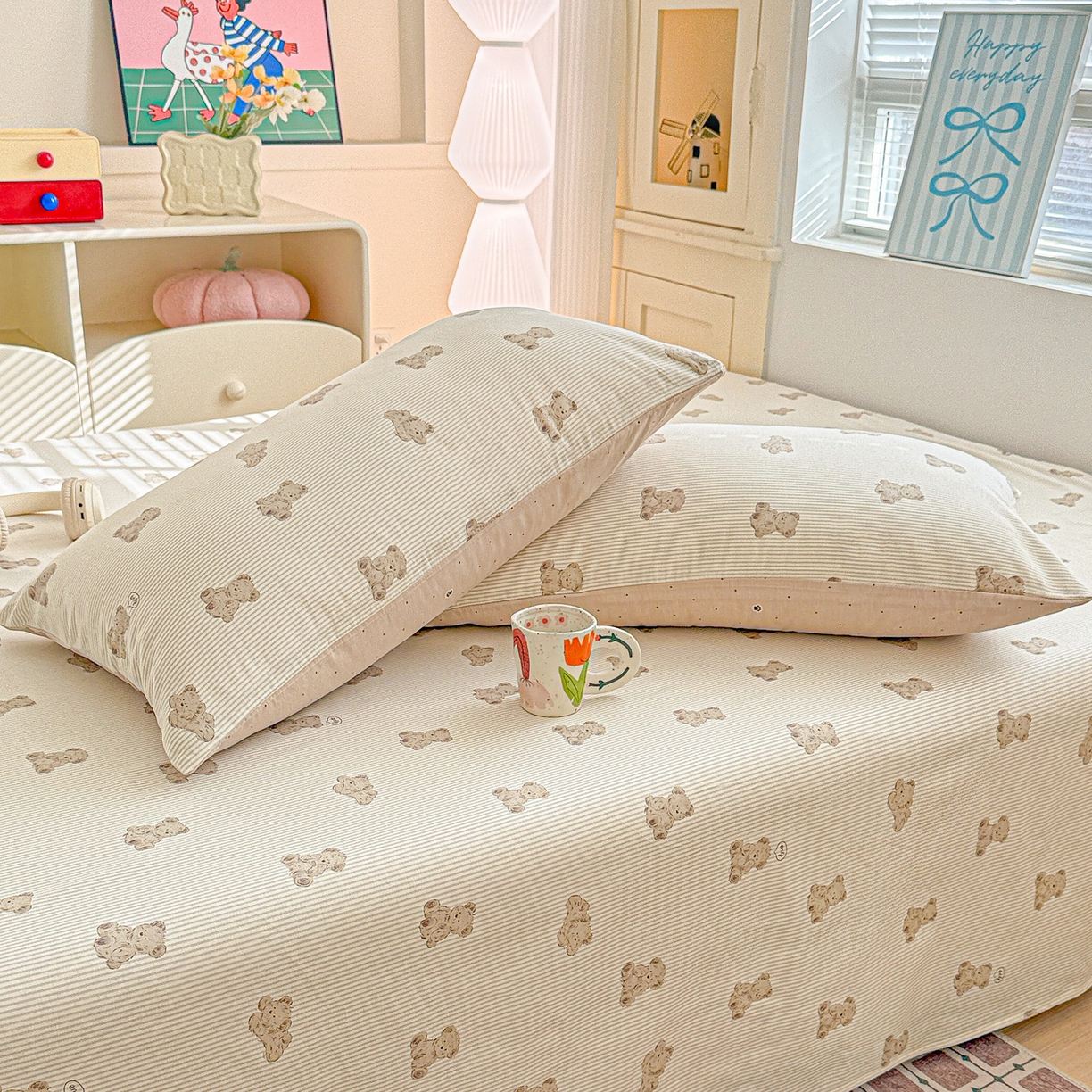 91家纺网 家纺一手货源 找家纺 名品家纺 2026新款100%纯棉枕套系列 条纹小熊