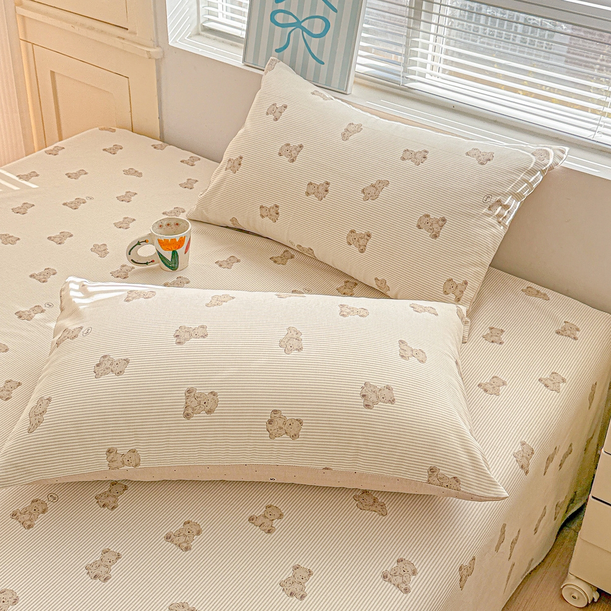 91家纺网 家纺一手货源 找家纺 名品家纺 2026新款100%纯棉枕套系列 条纹小熊