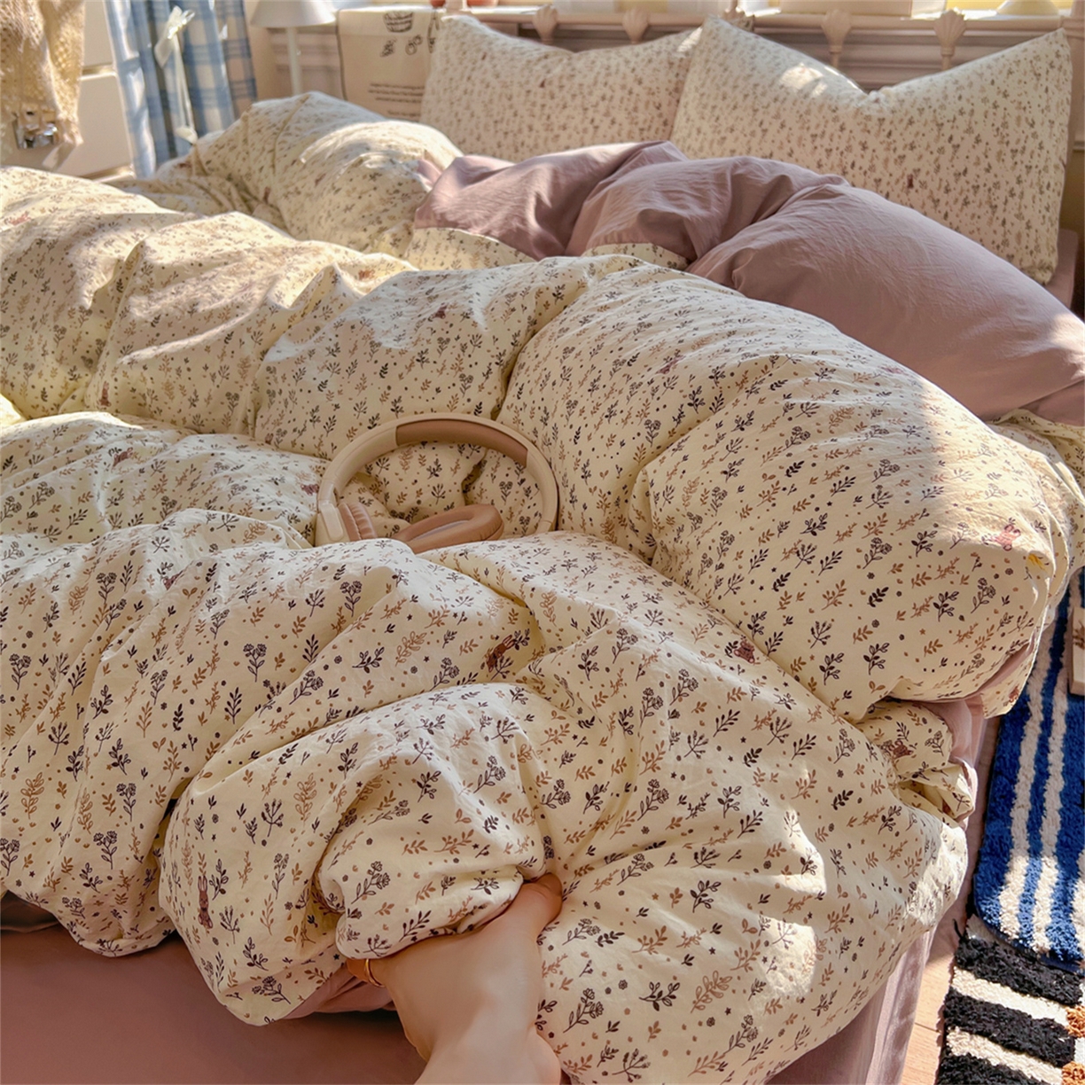 91家纺网 家纺一手货源 找家纺 玉海棠家纺 2026新款古法水洗仿棉云感纱四件套 秋水