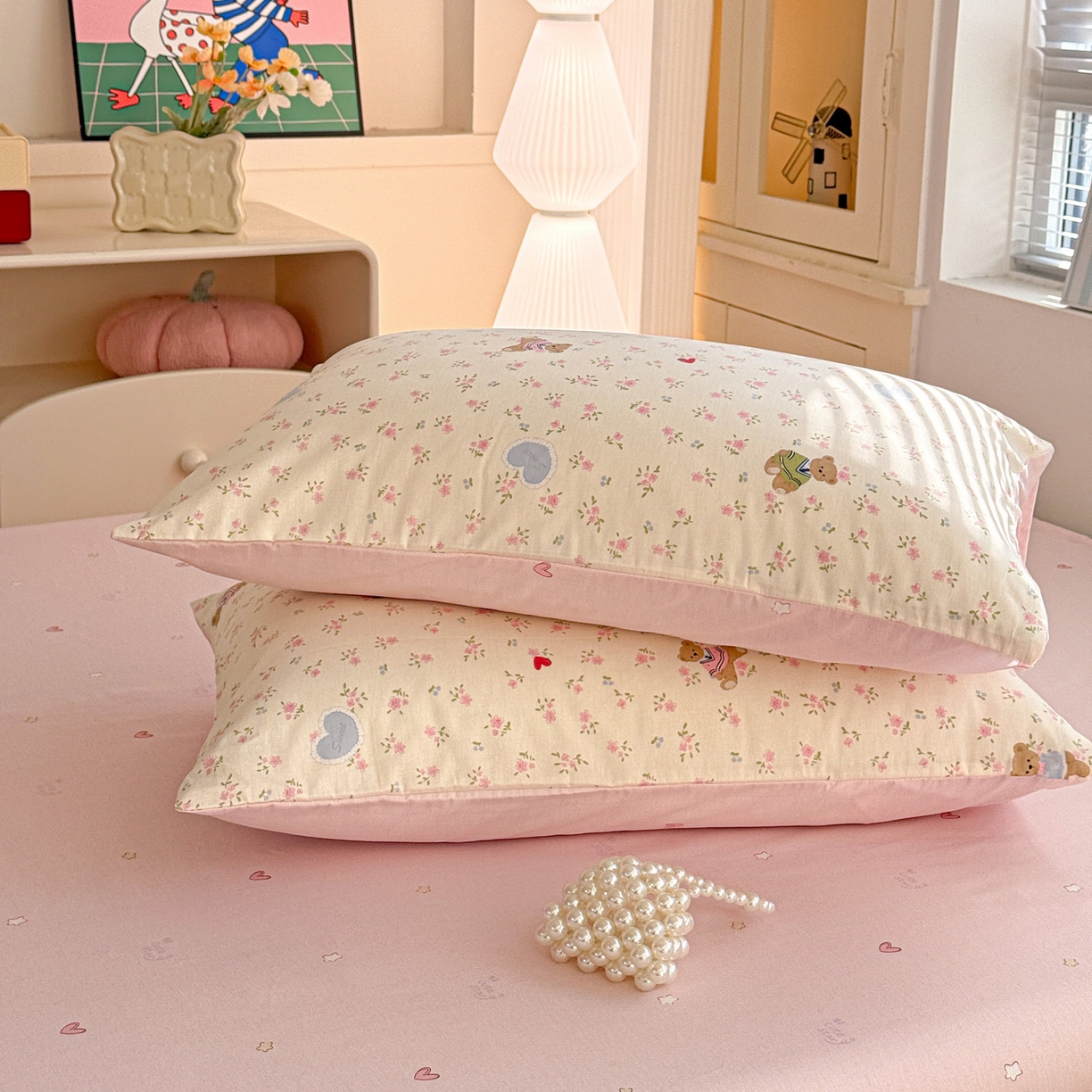 91家纺网 家纺一手货源 找家纺 名品家纺 2026新款100%纯棉枕套系列 樱桃小熊