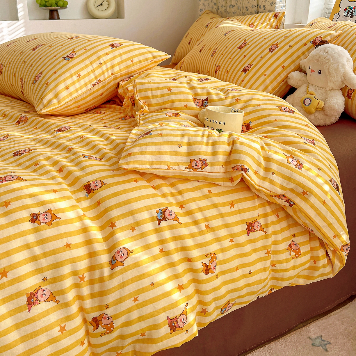 91家纺网 家纺一手货源 找家纺 麦伦家居 2026春夏新品全棉有氧双层纱印花系列简约款四件套 条纹星星梦