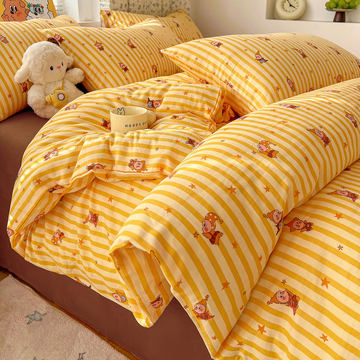 91家纺网 家纺一手货源 找家纺 麦伦家居 2026春夏新品全棉有氧双层纱印花系列简约款四件套 条纹星星梦