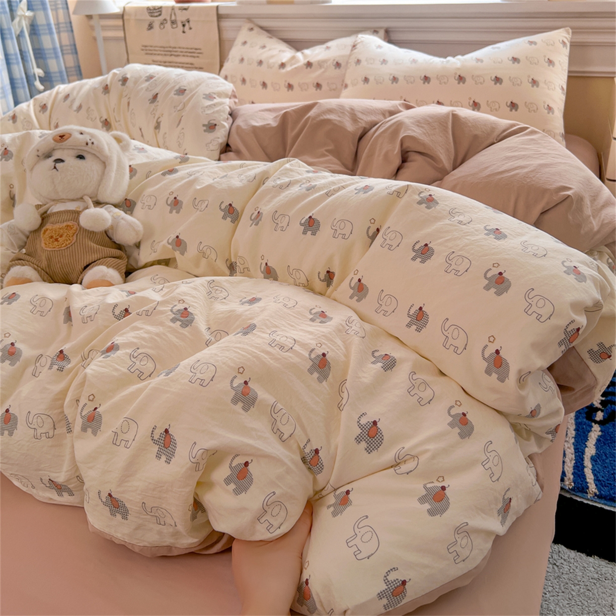 91家纺网 家纺一手货源 找家纺 玉海棠家纺 2026新款古法水洗仿棉云感纱四件套 小象格