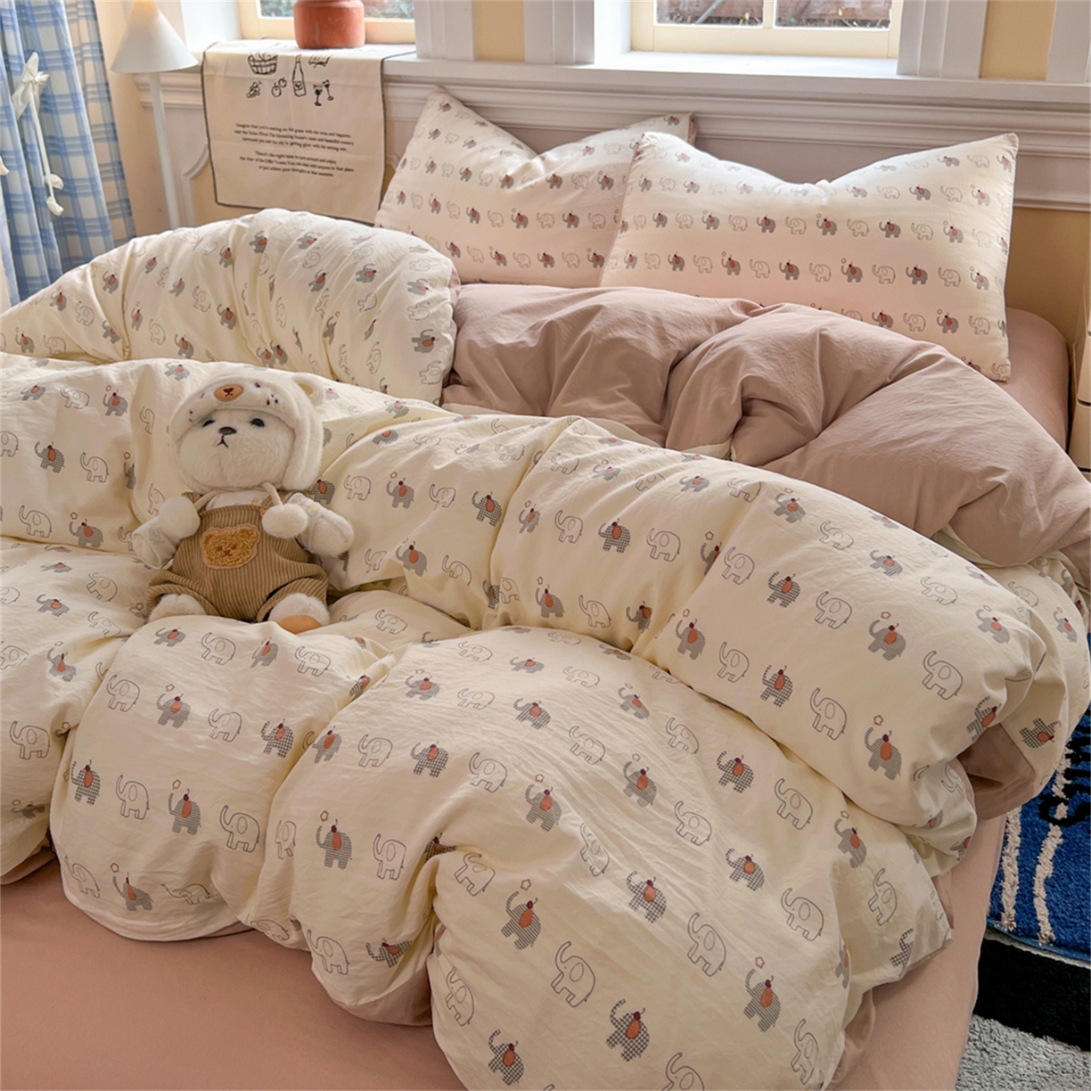 91家纺网 家纺一手货源 找家纺 玉海棠家纺 2026新款古法水洗仿棉云感纱四件套 小象格