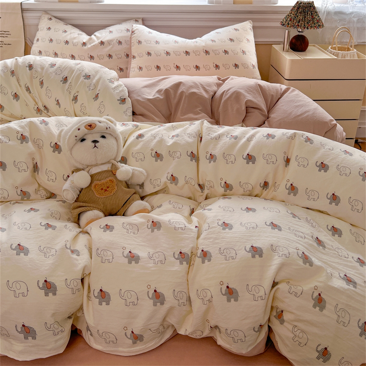 91家纺网 家纺一手货源 找家纺 玉海棠家纺 2026新款古法水洗仿棉云感纱四件套 小象格