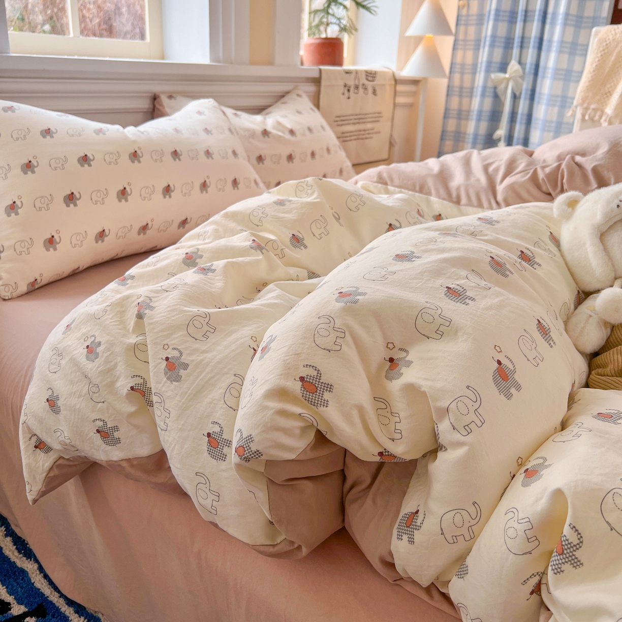 91家纺网 家纺一手货源 找家纺 玉海棠家纺 2026新款古法水洗仿棉云感纱四件套 小象格