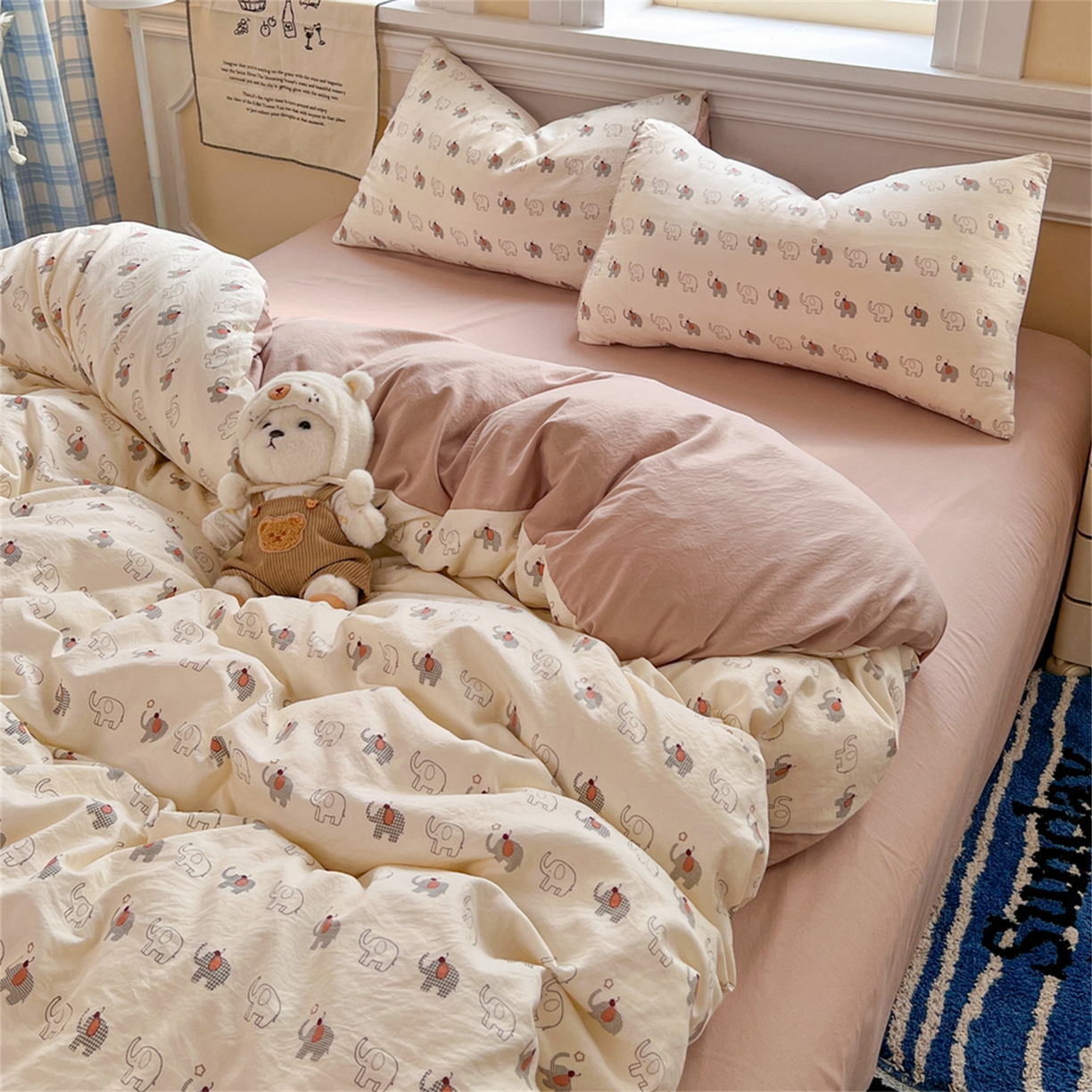 91家纺网 家纺一手货源 找家纺 玉海棠家纺 2026新款古法水洗仿棉云感纱四件套 小象格