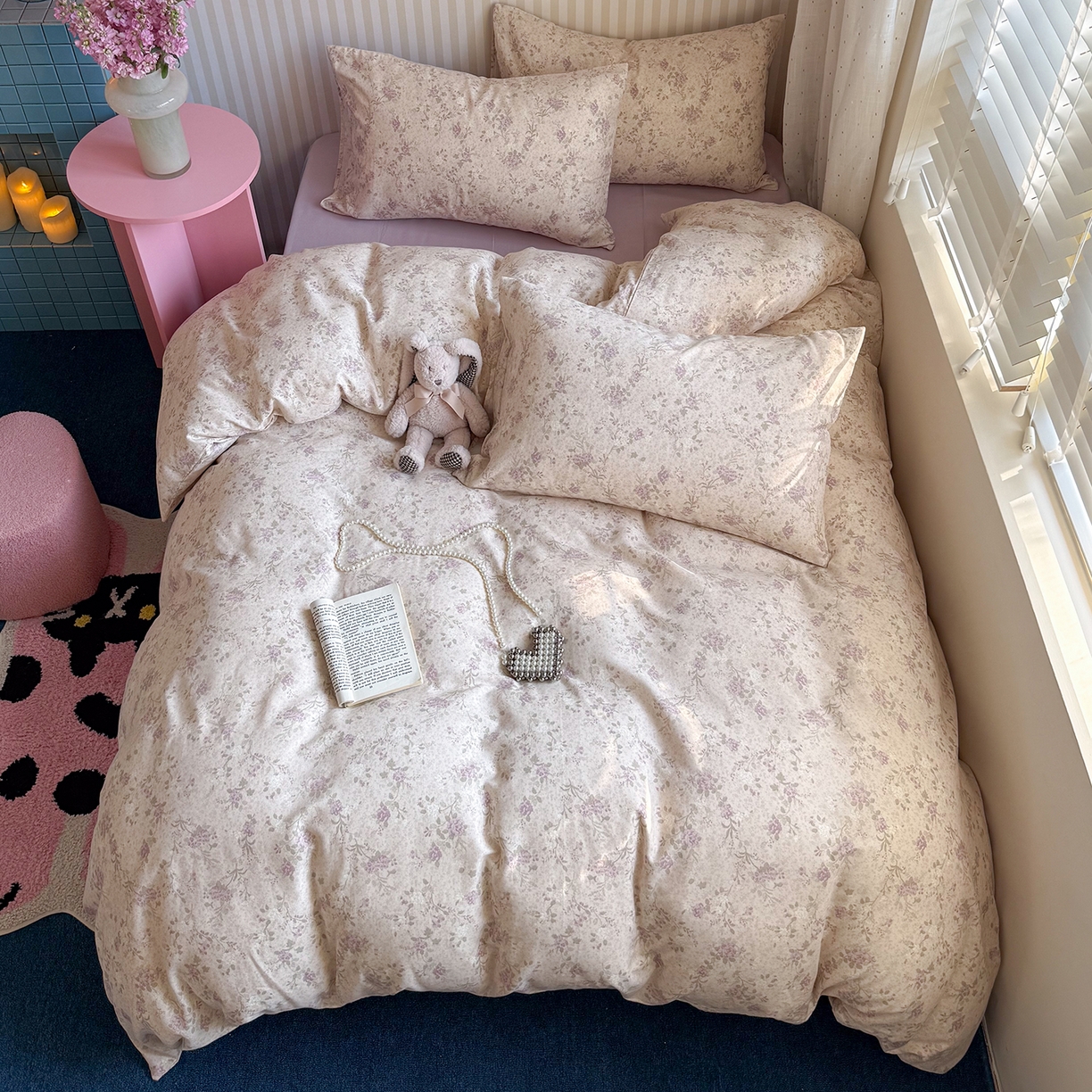 91家纺网 家纺一手货源 找家纺 麦伦家居 2026春夏新品全棉有氧双层纱印花系列简约款四件套 巴黎晚香