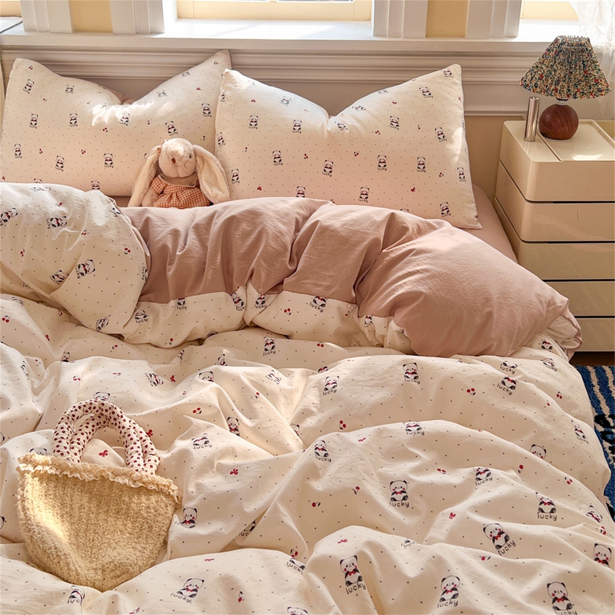 91家纺网 家纺一手货源 找家纺 玉海棠家纺 2026新款古法水洗仿棉云感纱四件套 幸运熊