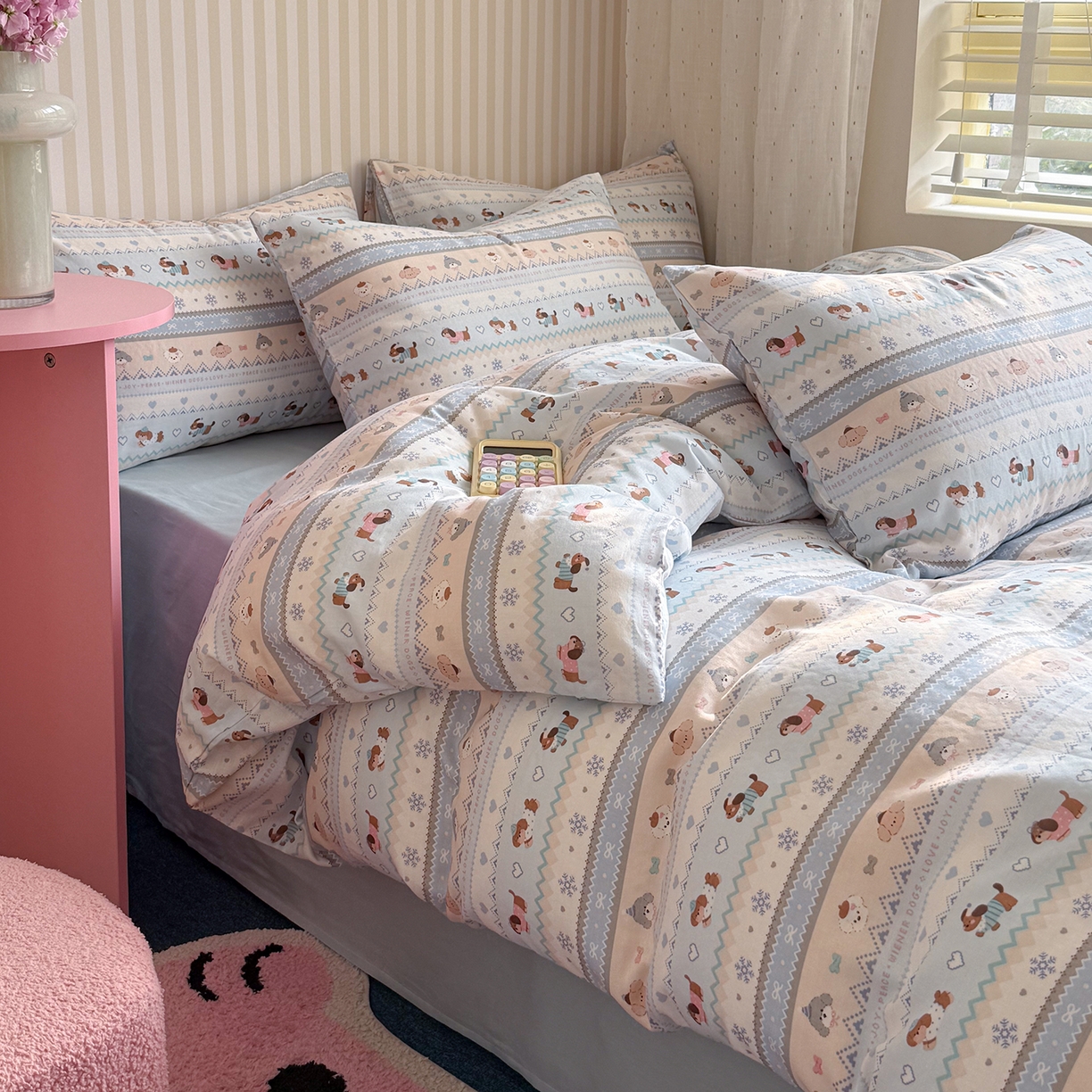 麦伦家居 2026春夏新品全棉有氧双层纱印花系列简约款四件套 费尔岛狗狗