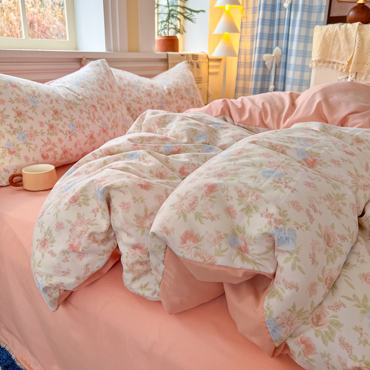 91家纺网 家纺一手货源 找家纺 玉海棠家纺 2026新款古法水洗仿棉云感纱四件套 嫣然