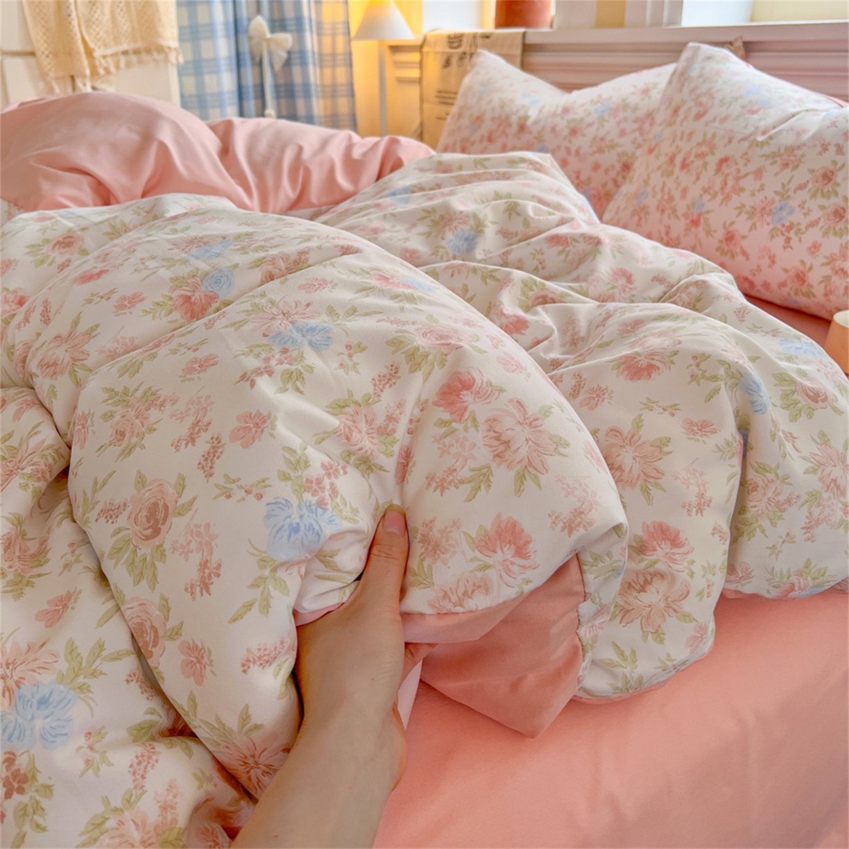 91家纺网 家纺一手货源 找家纺 玉海棠家纺 2026新款古法水洗仿棉云感纱四件套 嫣然