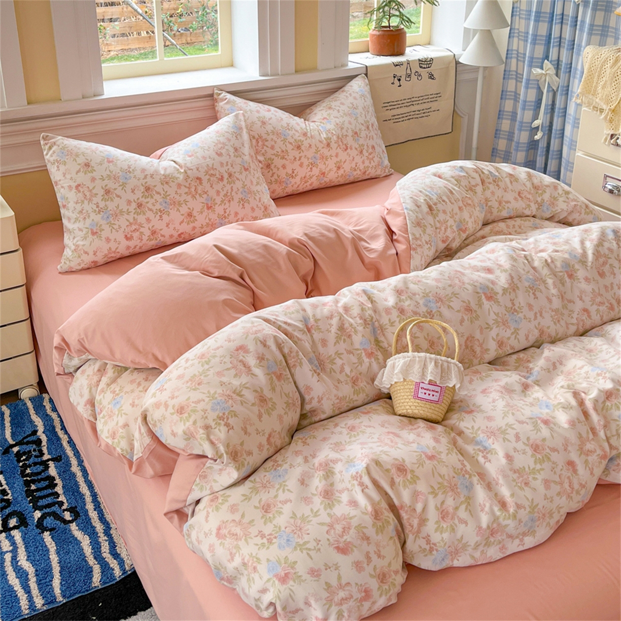 91家纺网 家纺一手货源 找家纺 玉海棠家纺 2026新款古法水洗仿棉云感纱四件套 嫣然