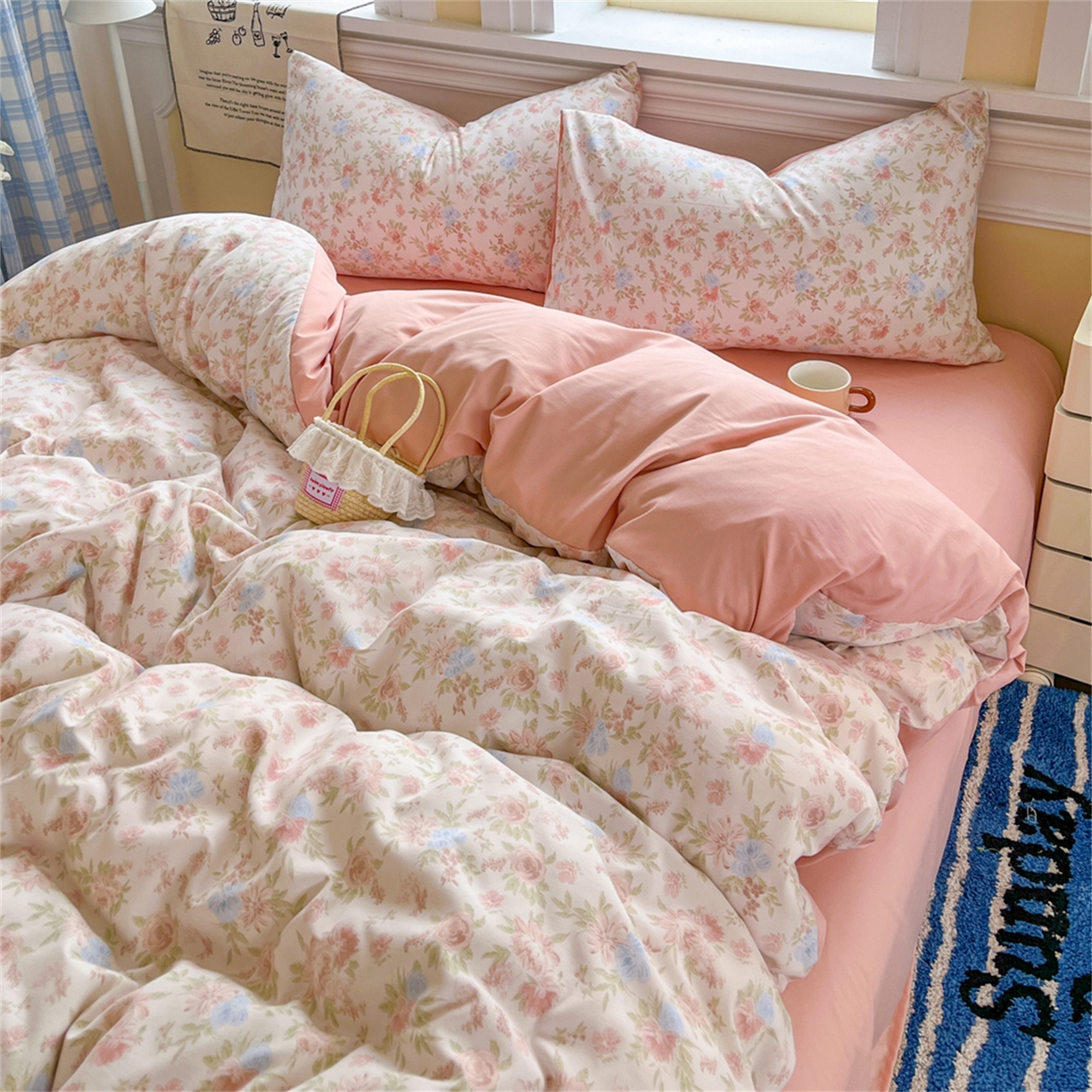 91家纺网 家纺一手货源 找家纺 玉海棠家纺 2026新款古法水洗仿棉云感纱四件套 嫣然