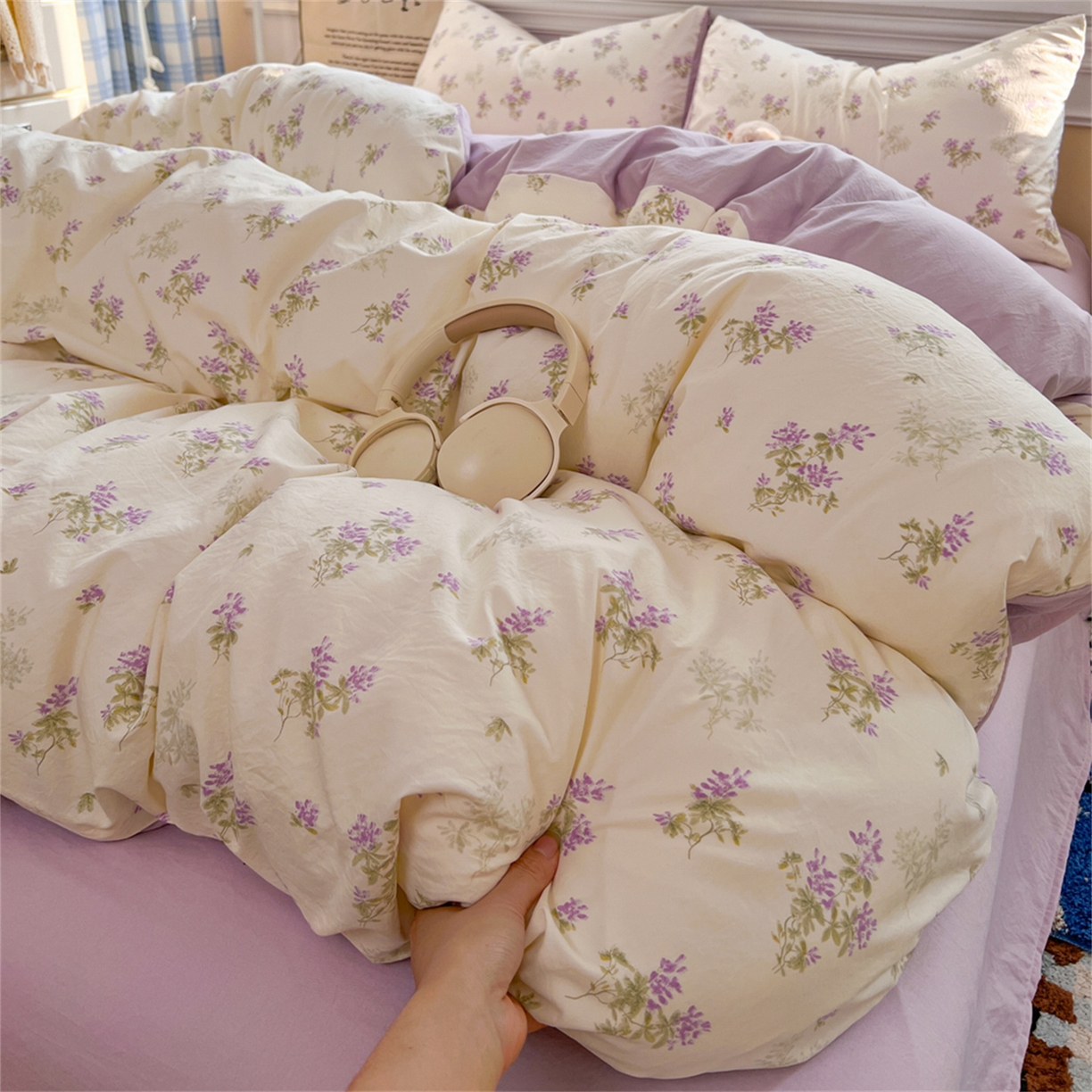 91家纺网 家纺一手货源 找家纺 玉海棠家纺 2026新款古法水洗仿棉云感纱四件套 紫烟