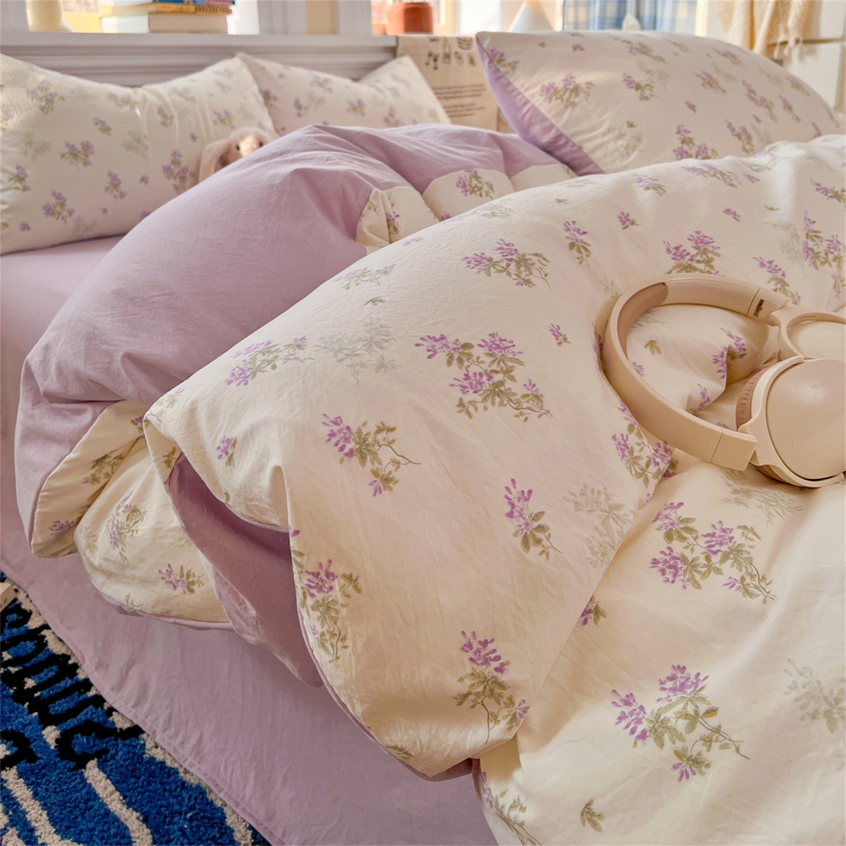 91家纺网 家纺一手货源 找家纺 玉海棠家纺 2026新款古法水洗仿棉云感纱四件套 紫烟