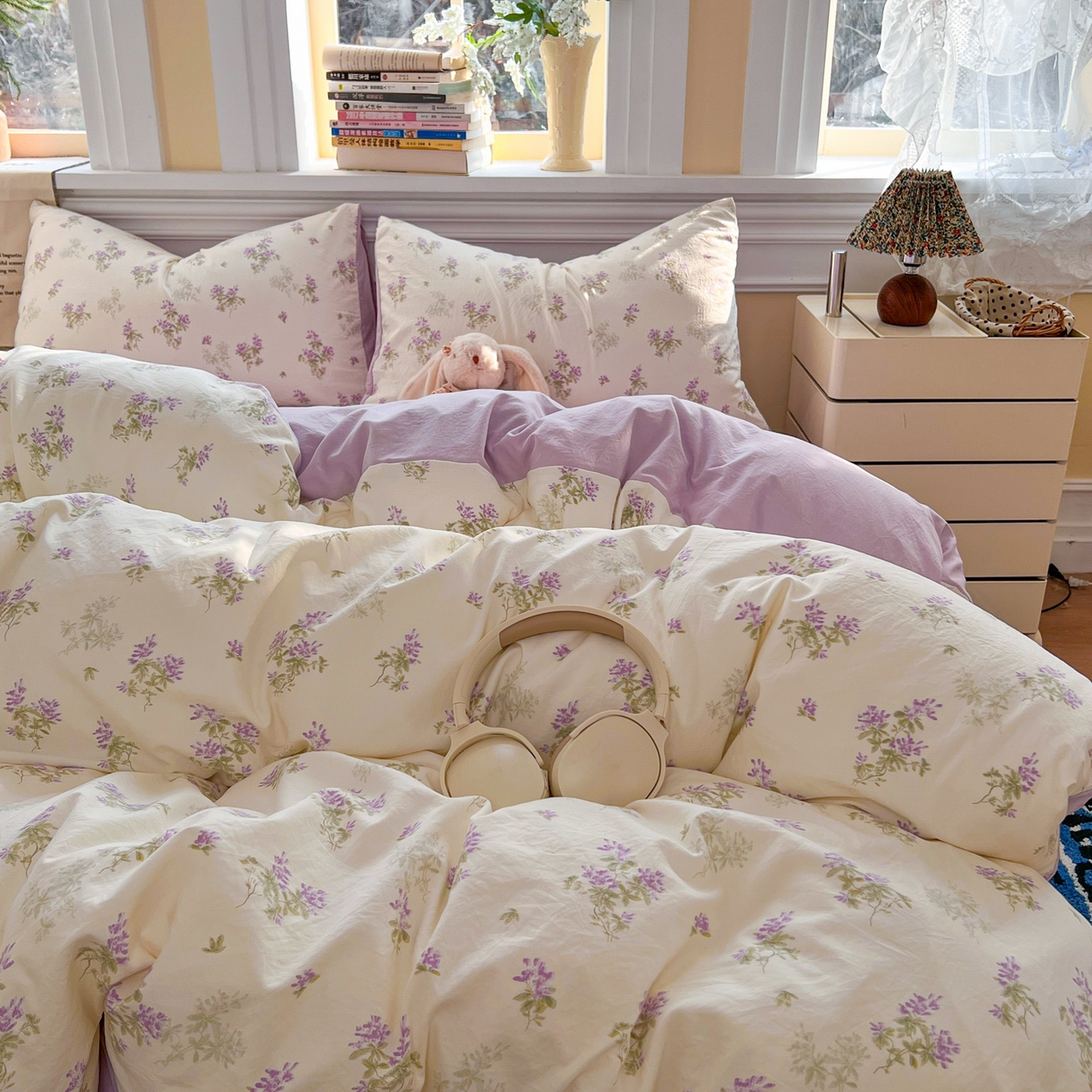 91家纺网 家纺一手货源 找家纺 玉海棠家纺 2026新款古法水洗仿棉云感纱四件套 紫烟
