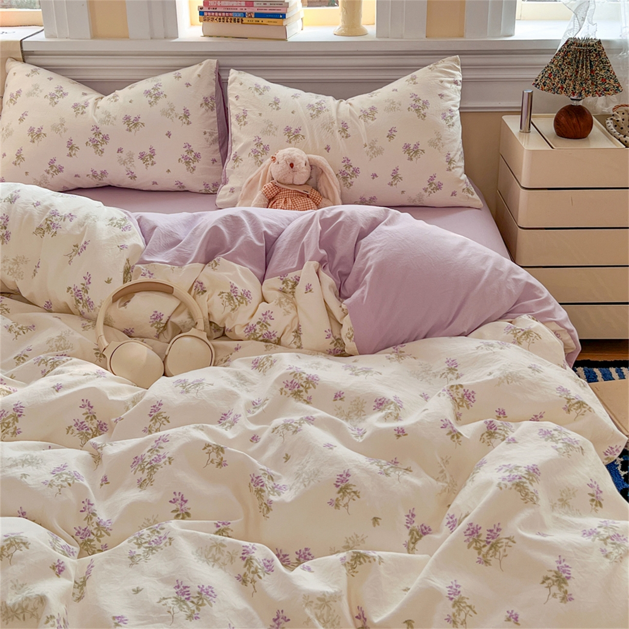 91家纺网 家纺一手货源 找家纺 玉海棠家纺 2026新款古法水洗仿棉云感纱四件套 紫烟