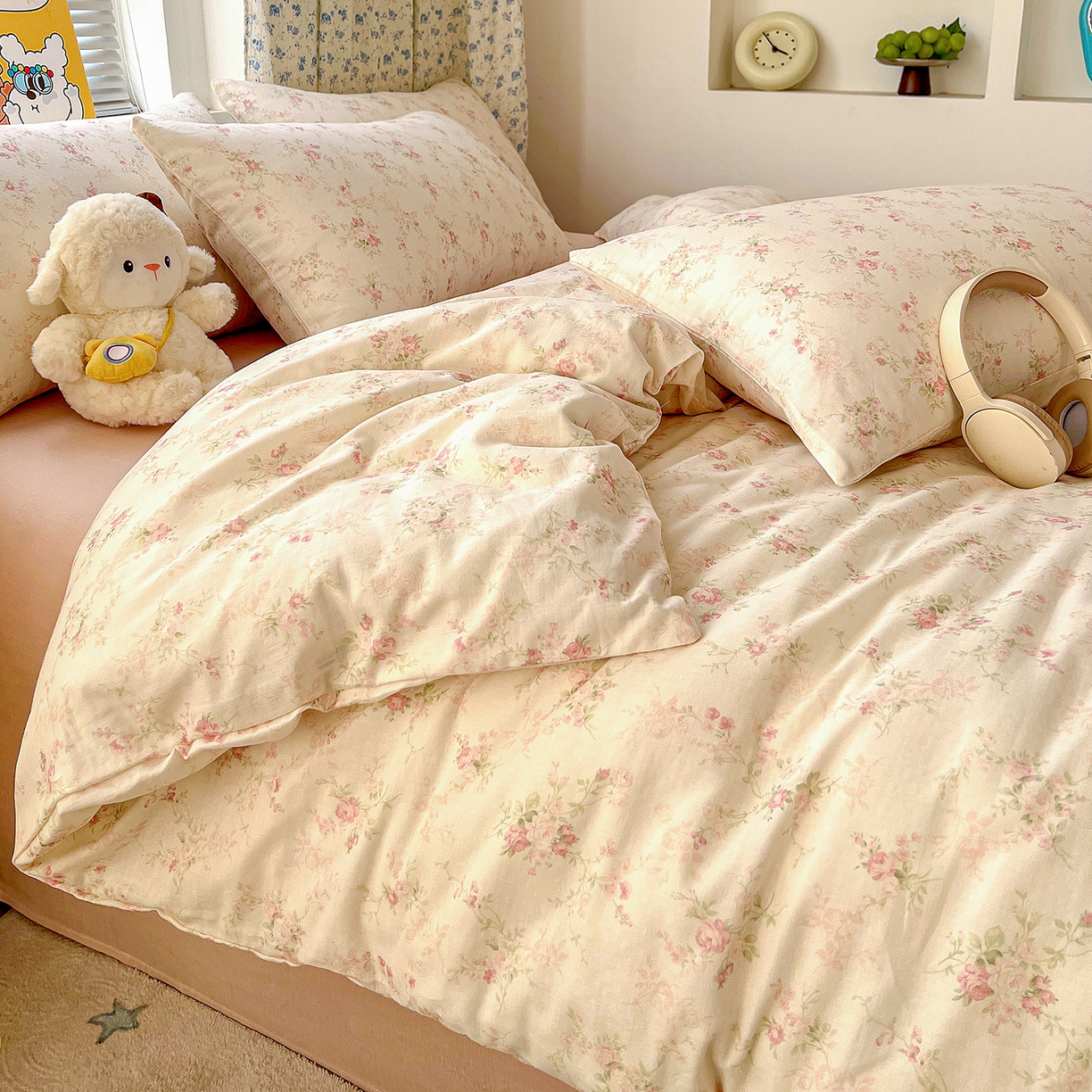 麦伦家居 2026春夏新品全棉有氧双层纱印花系列简约款四件套 浅梦 米