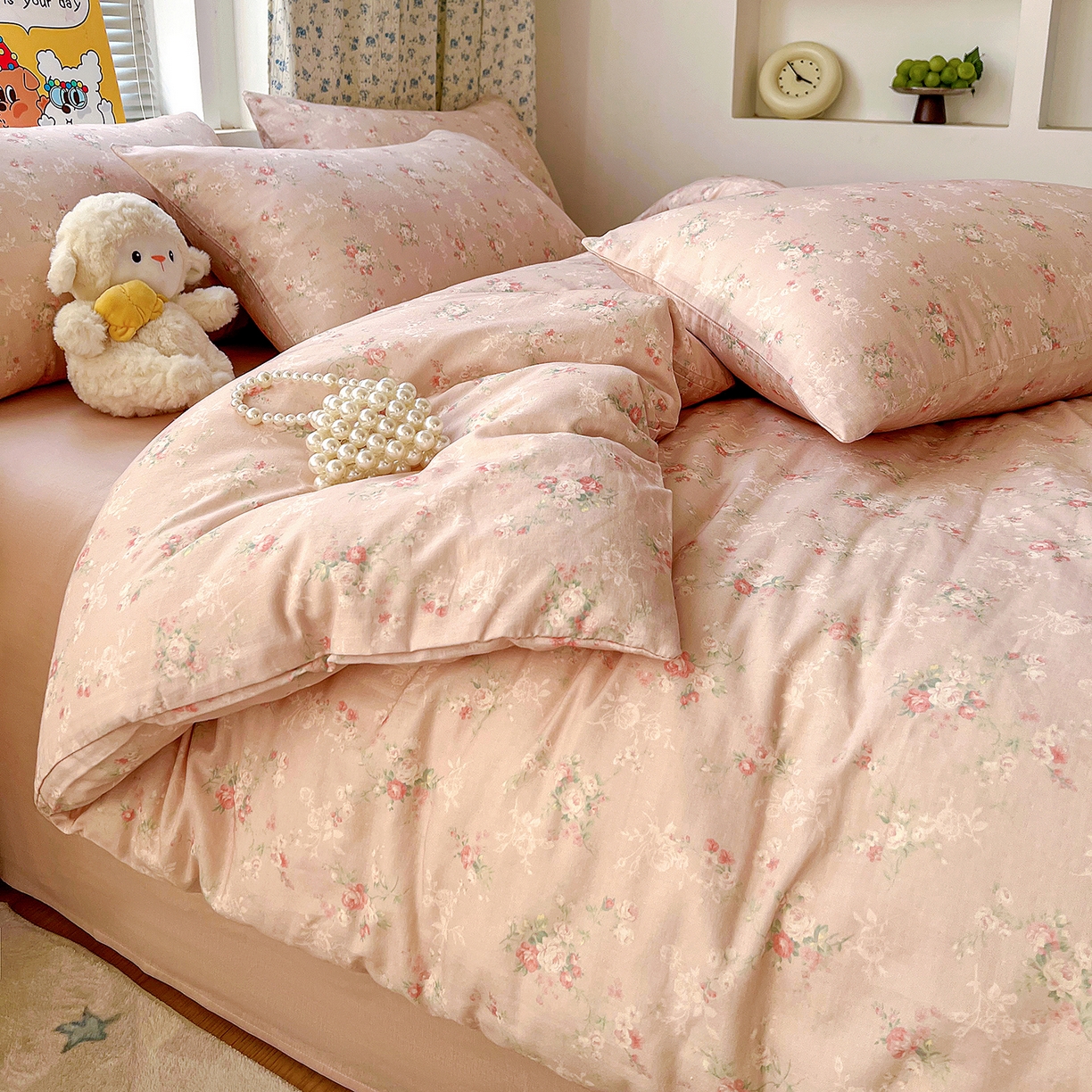 麦伦家居 2026春夏新品全棉有氧双层纱印花系列简约款四件套 浅梦粉