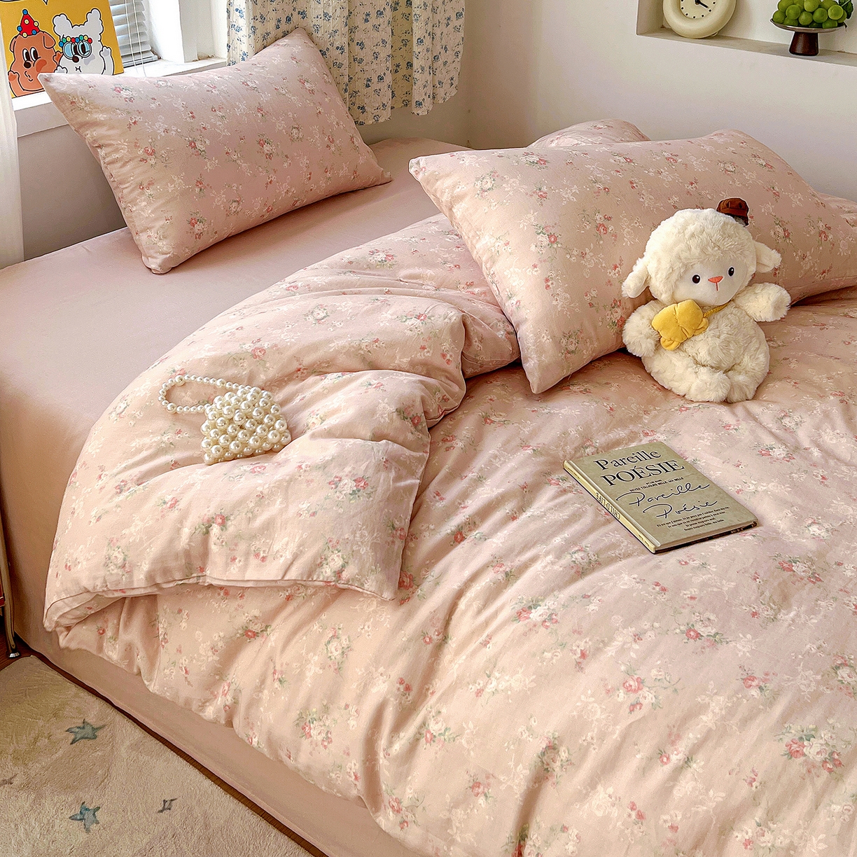 91家纺网 家纺一手货源 找家纺 麦伦家居 2026春夏新品全棉有氧双层纱印花系列简约款四件套 浅梦粉