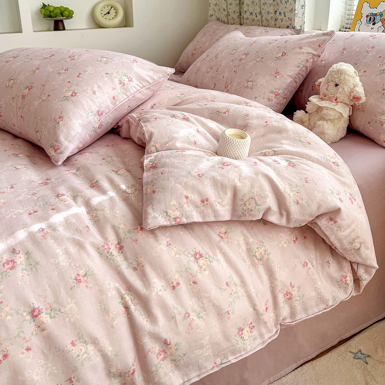 91家纺网 家纺一手货源 找家纺 麦伦家居 2026春夏新品全棉有氧双层纱印花系列简约款四件套 浅梦紫