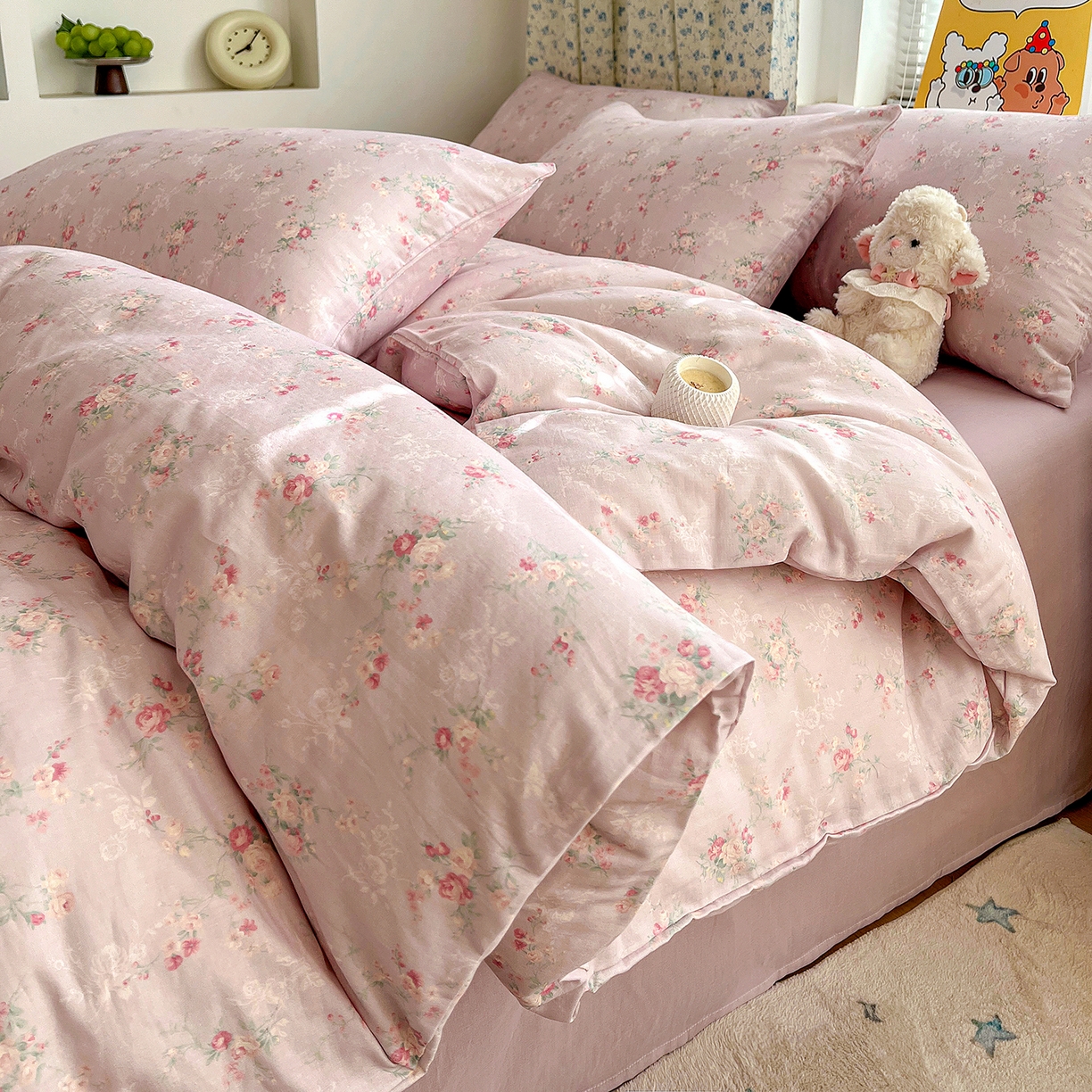 91家纺网 家纺一手货源 找家纺 麦伦家居 2026春夏新品全棉有氧双层纱印花系列简约款四件套 浅梦紫