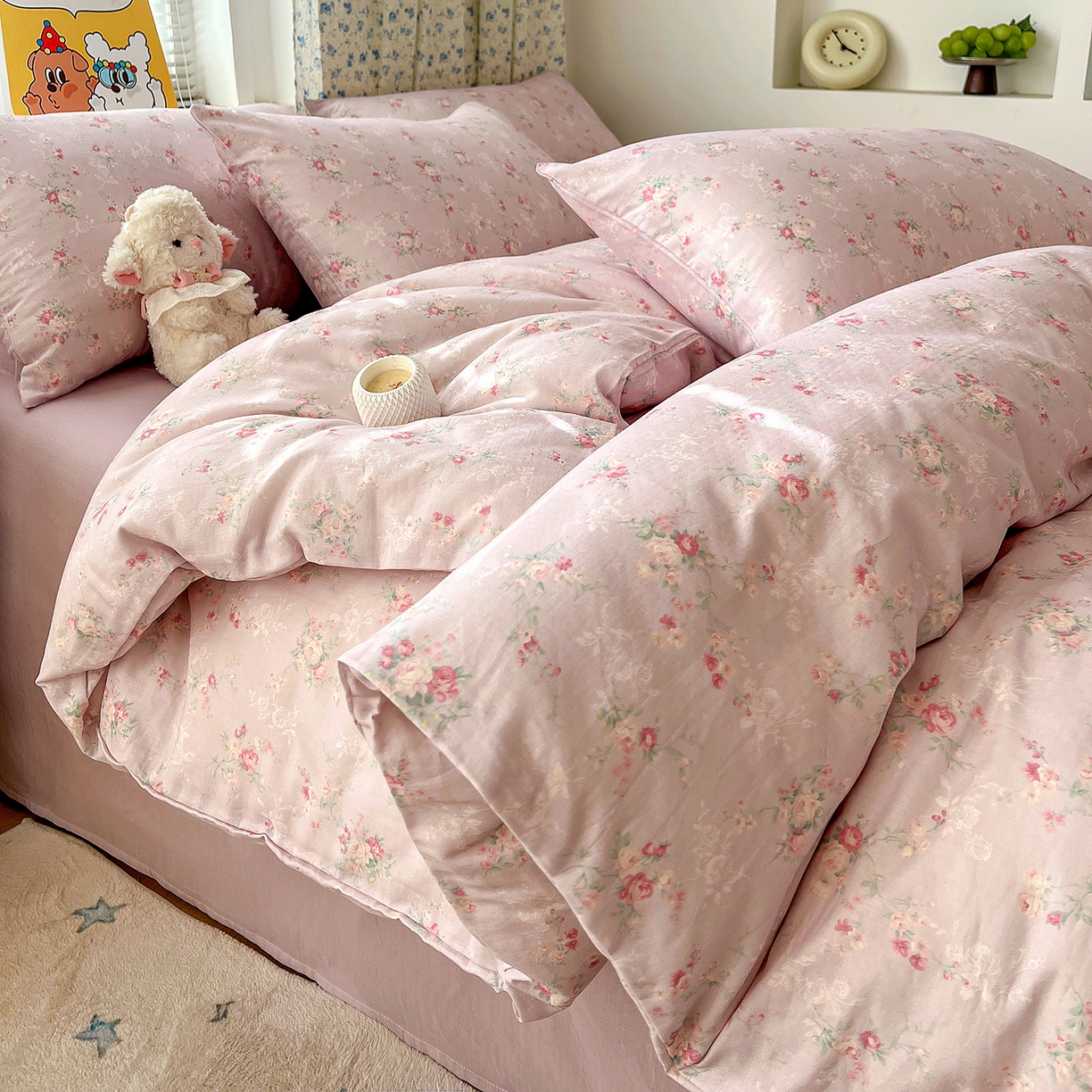 91家纺网 家纺一手货源 找家纺 麦伦家居 2026春夏新品全棉有氧双层纱印花系列简约款四件套 浅梦紫