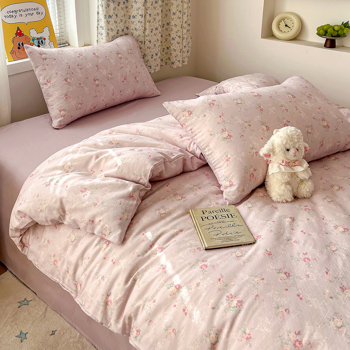 91家纺网 家纺一手货源 找家纺 麦伦家居 2026春夏新品全棉有氧双层纱印花系列简约款四件套 浅梦紫