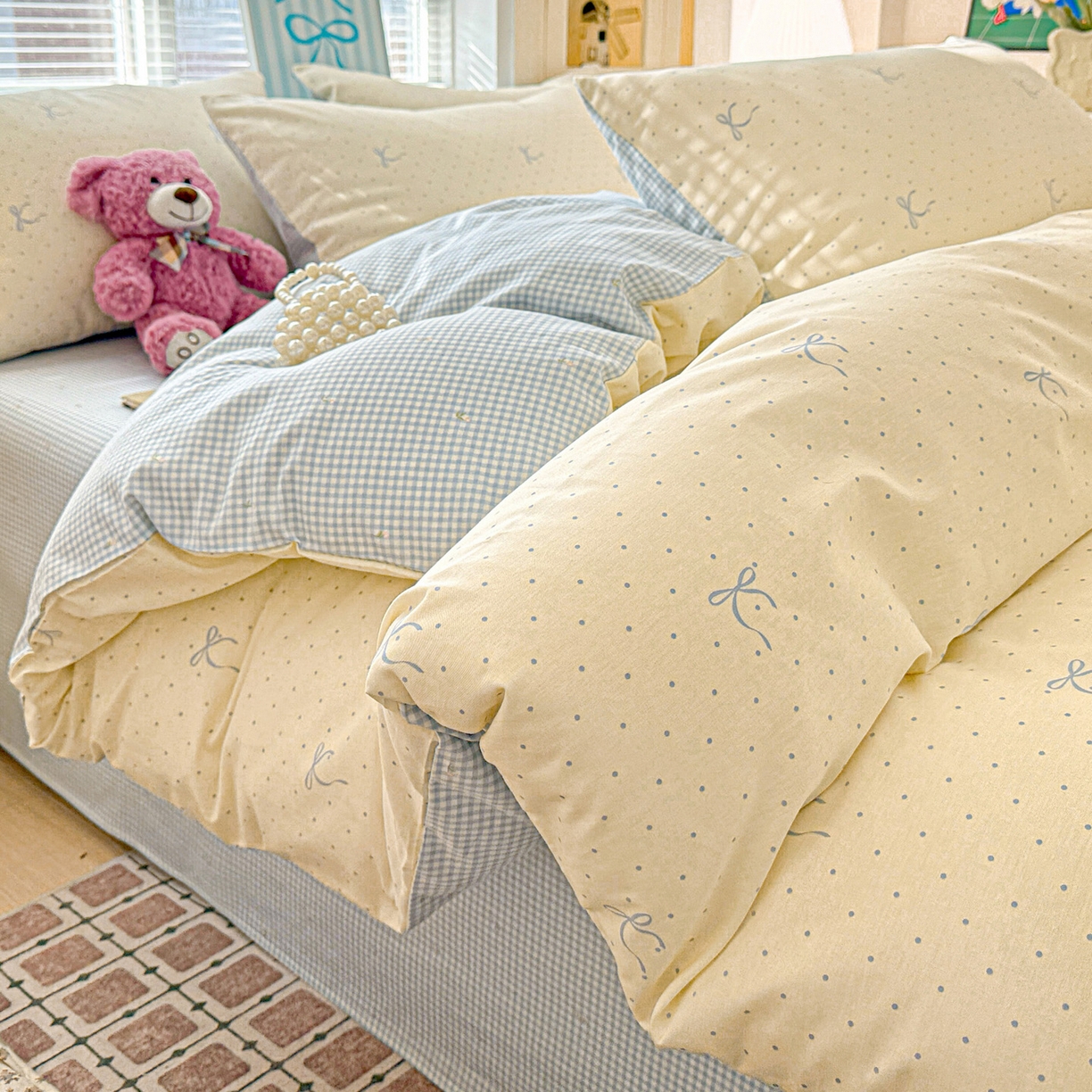 91家纺网 家纺一手货源 找家纺 名品家纺 2026新款100%纯棉四件套系列 波点蝴蝶结