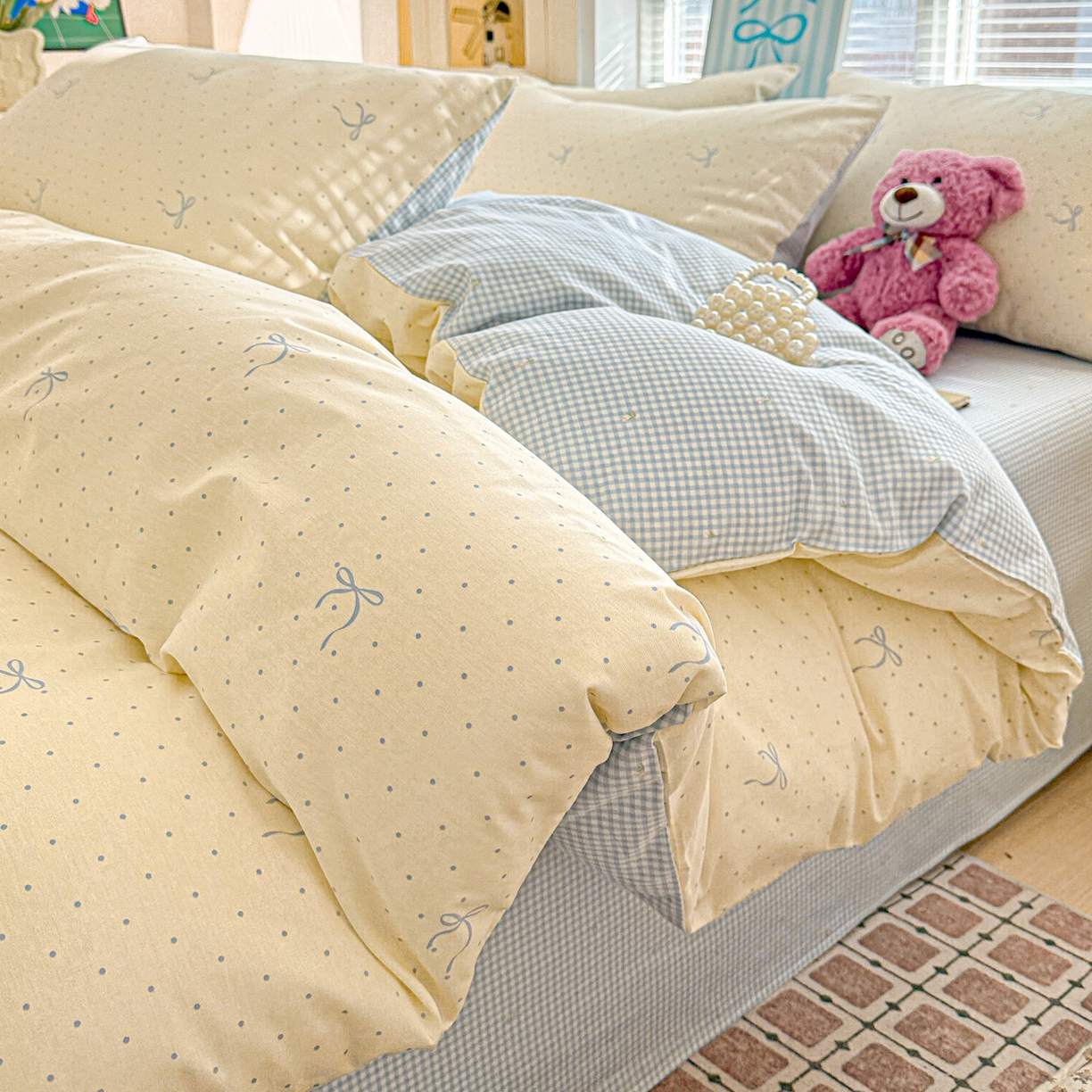 91家纺网 家纺一手货源 找家纺 名品家纺 2026新款100%纯棉四件套系列 波点蝴蝶结