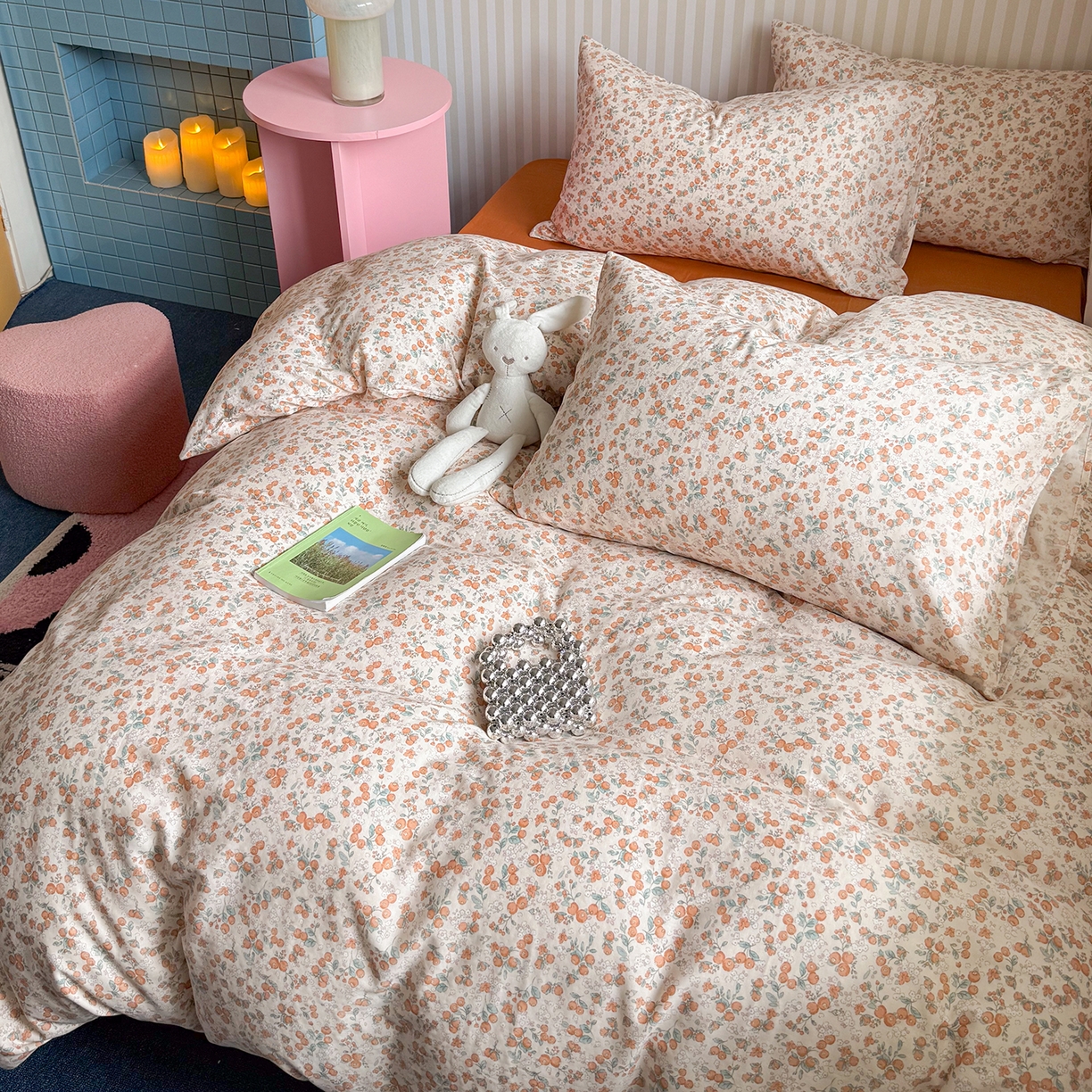 91家纺网 家纺一手货源 找家纺 麦伦家居 2026春夏新品全棉有氧双层纱印花系列简约款四件套 柿柿如意