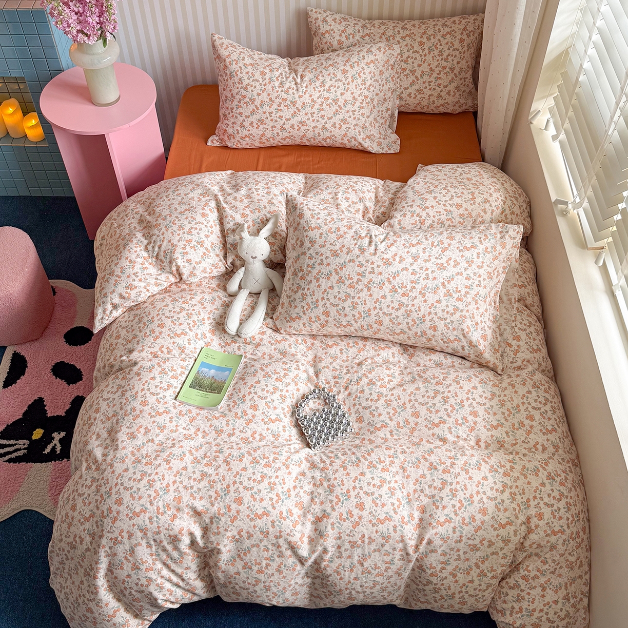 91家纺网 家纺一手货源 找家纺 麦伦家居 2026春夏新品全棉有氧双层纱印花系列简约款四件套 柿柿如意