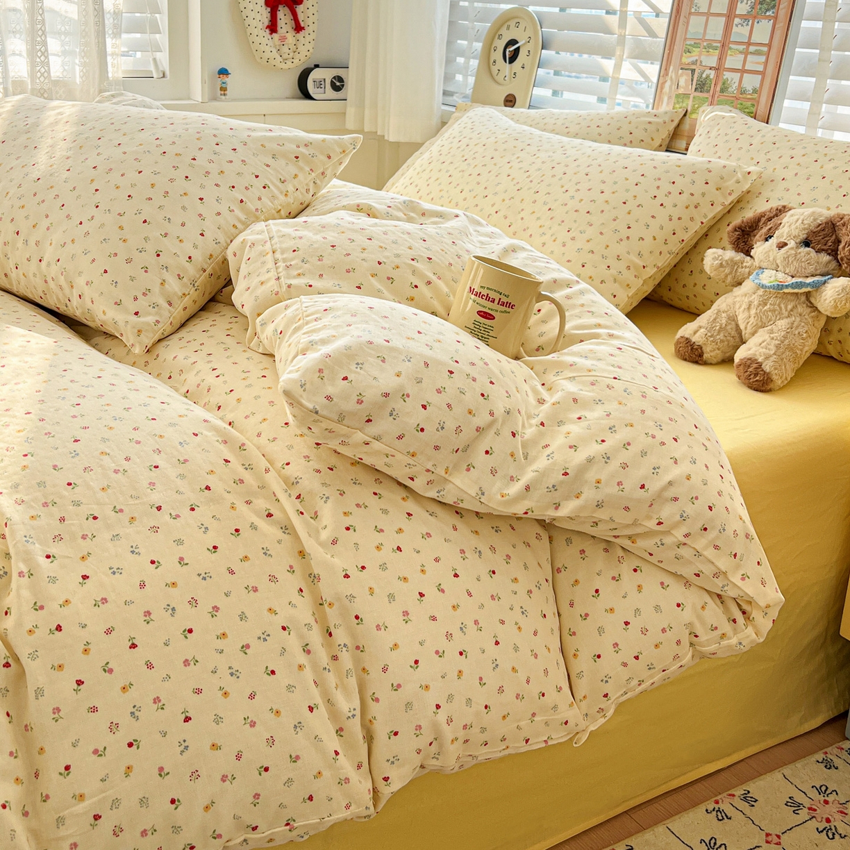 91家纺网 家纺一手货源 找家纺 麦伦家居 2026春夏新品全棉有氧双层纱印花系列简约款四件套 小野花