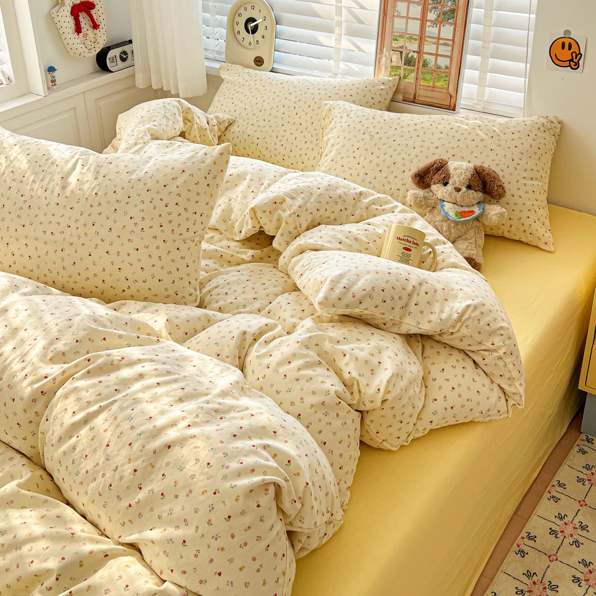 91家纺网 家纺一手货源 找家纺 麦伦家居 2026春夏新品全棉有氧双层纱印花系列简约款四件套 小野花