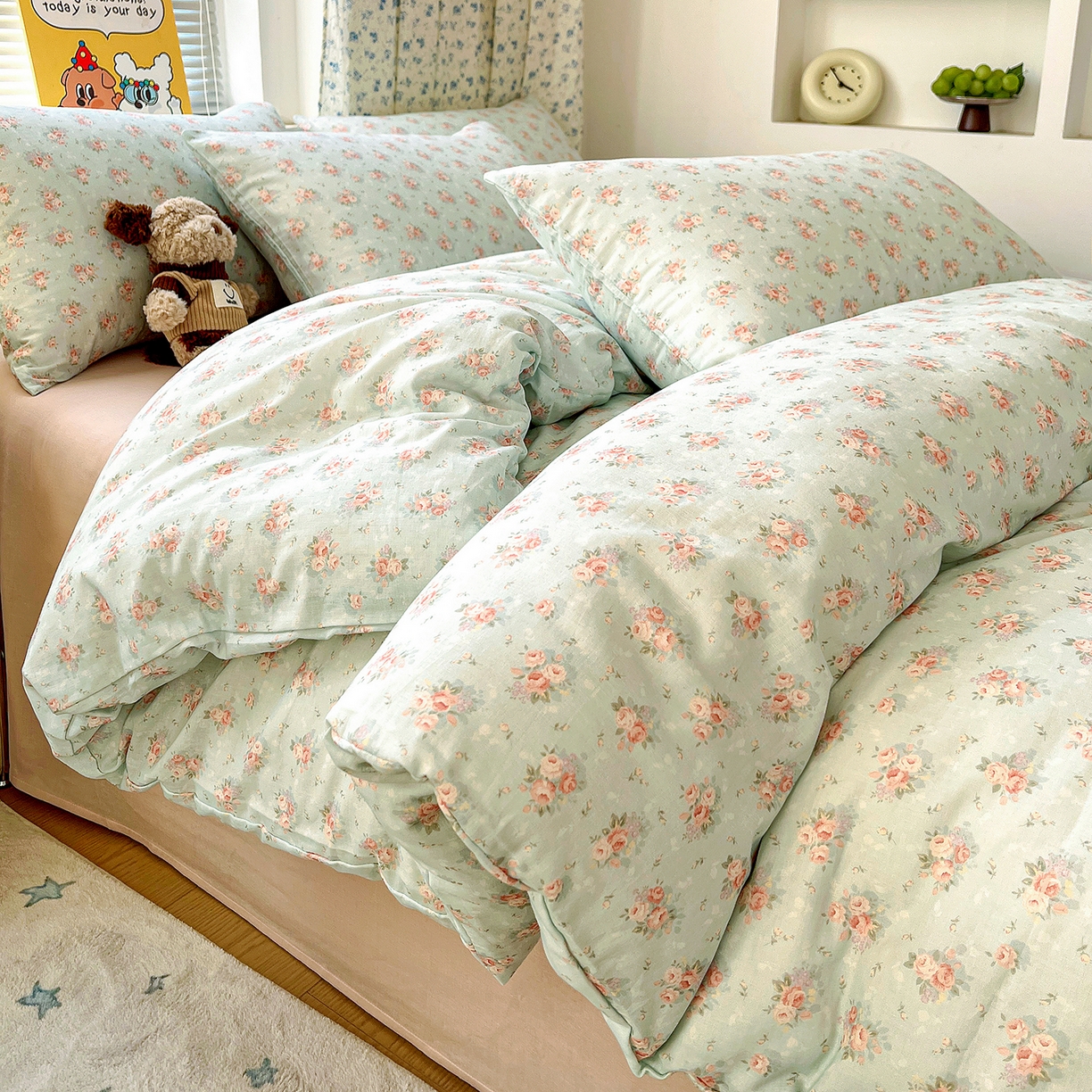 91家纺网 家纺一手货源 找家纺 麦伦家居 2026春夏新品全棉有氧双层纱印花系列简约款四件套 星夜花影蓝