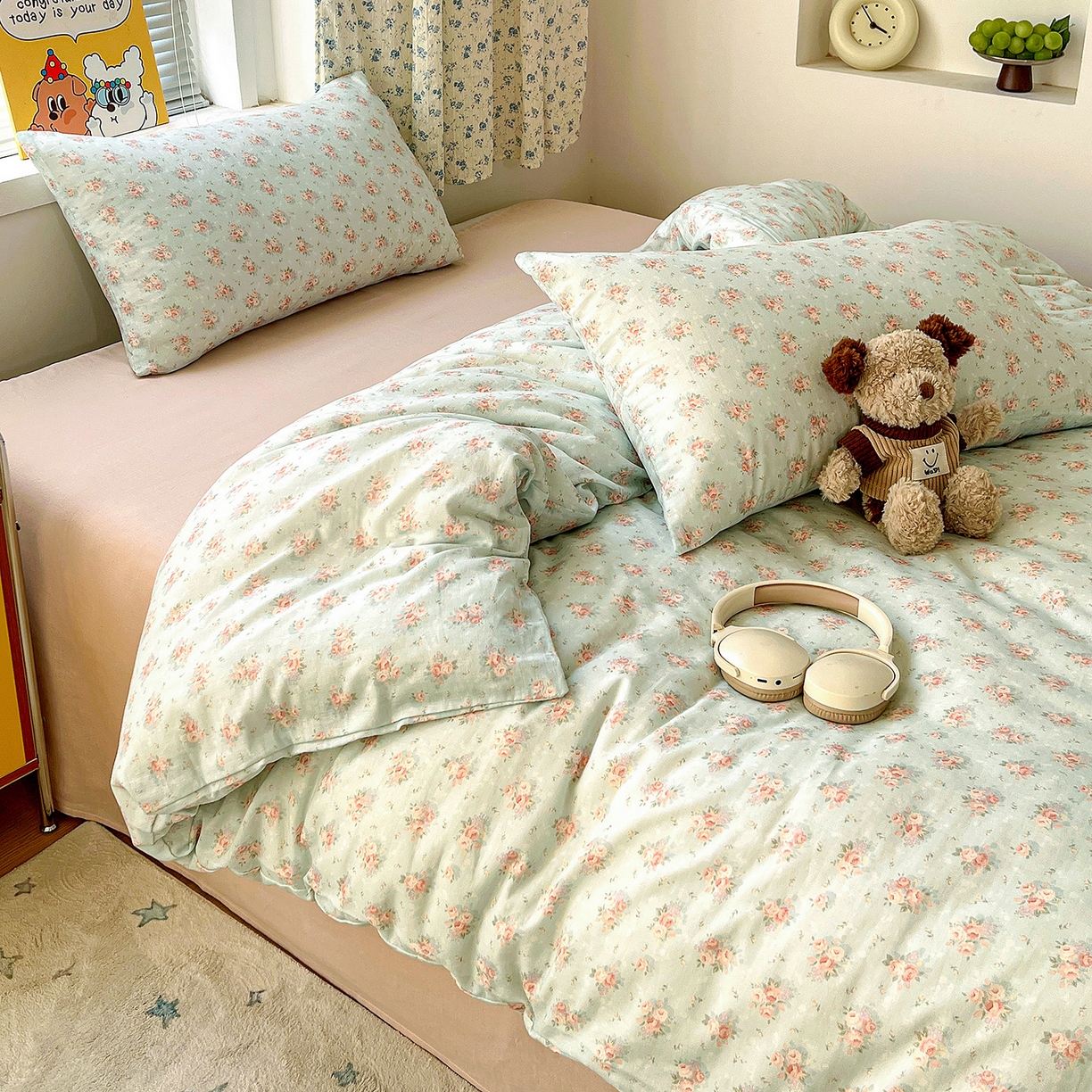 麦伦家居 2026春夏新品全棉有氧双层纱印花系列简约款四件套 星夜花影蓝