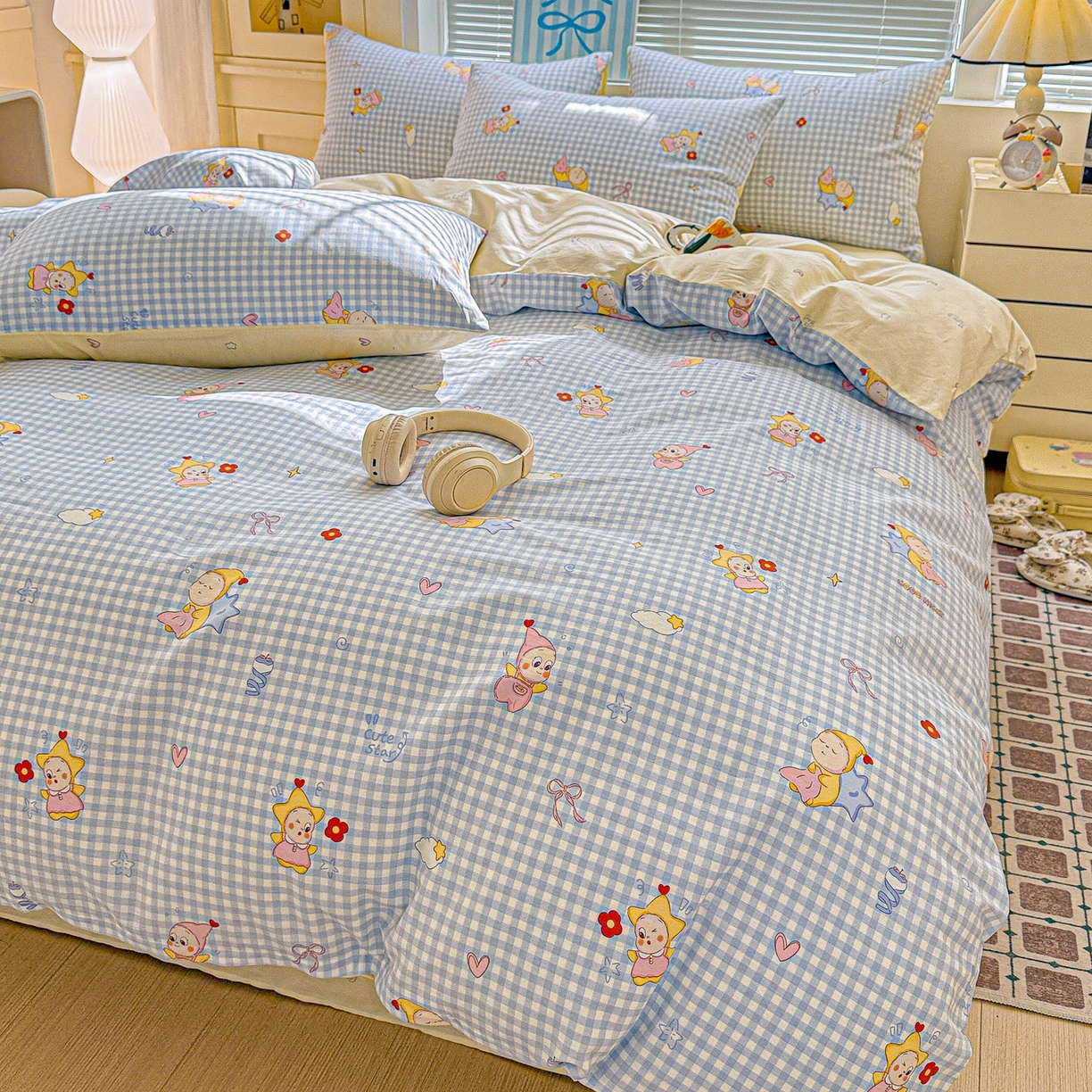 91家纺网 家纺一手货源 找家纺 名品家纺 2026新款100%纯棉四件套系列 蓝格星星