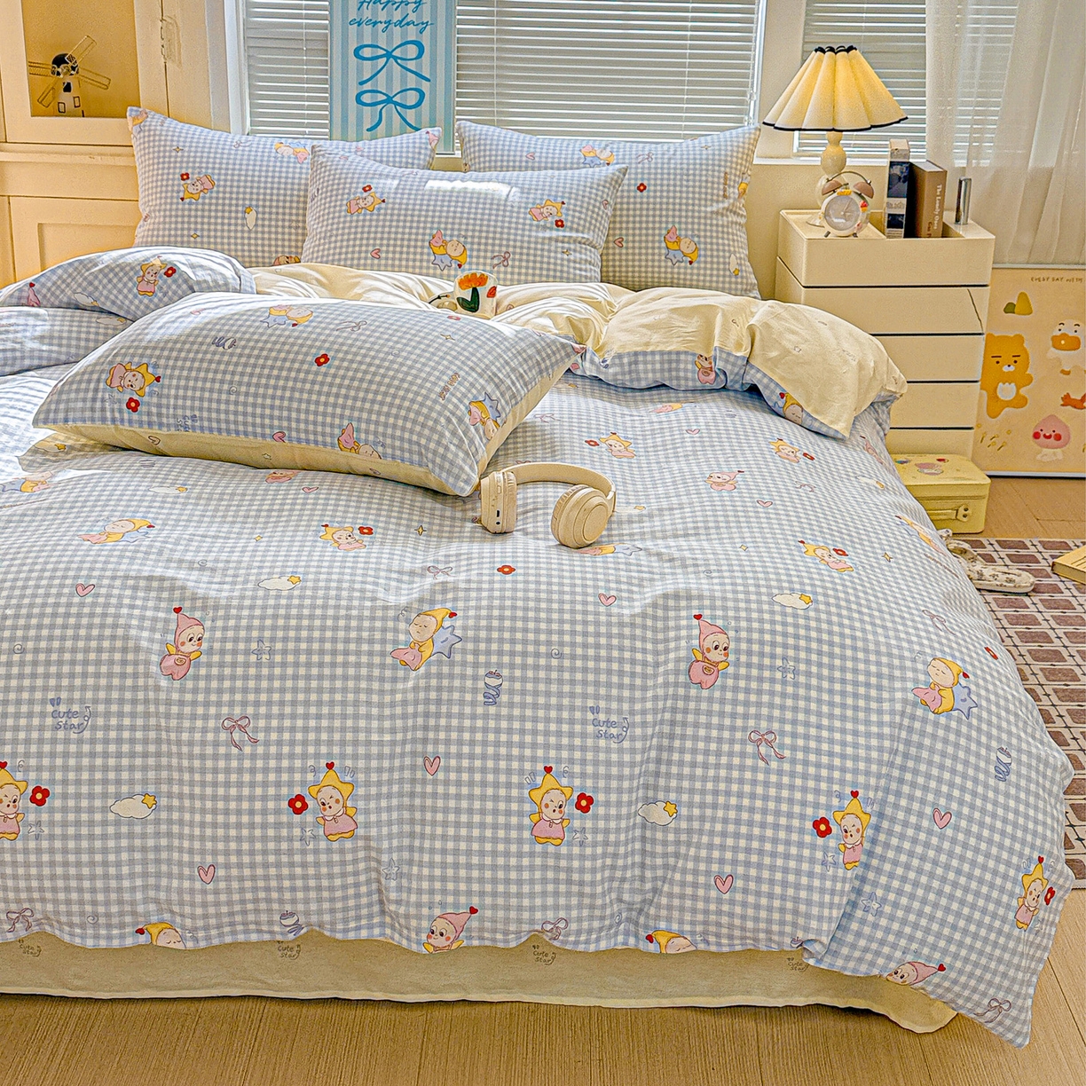 91家纺网 家纺一手货源 找家纺 名品家纺 2026新款100%纯棉四件套系列 蓝格星星