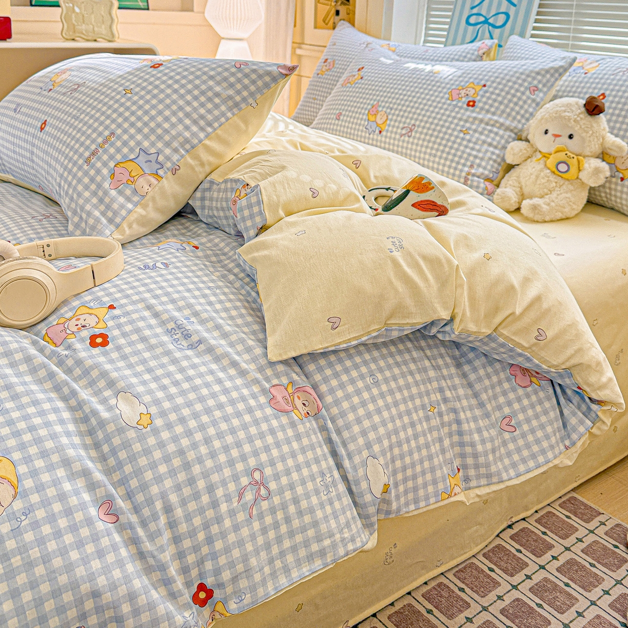 91家纺网 家纺一手货源 找家纺 名品家纺 2026新款100%纯棉四件套系列 蓝格星星