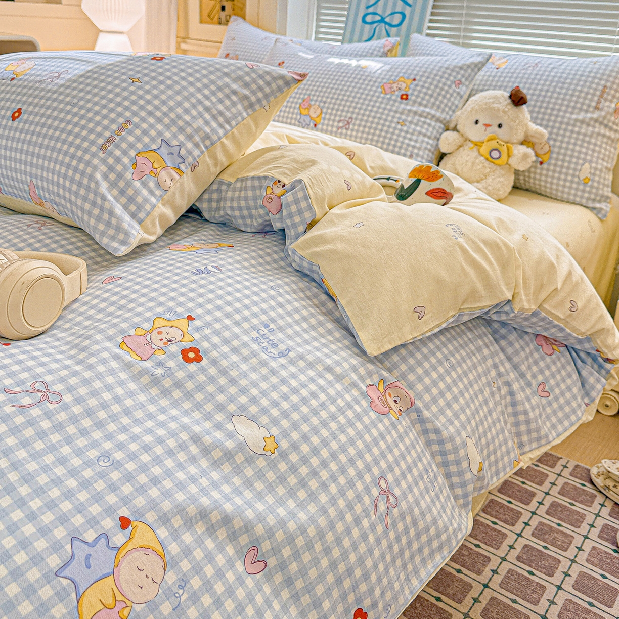 91家纺网 家纺一手货源 找家纺 名品家纺 2026新款100%纯棉四件套系列 蓝格星星