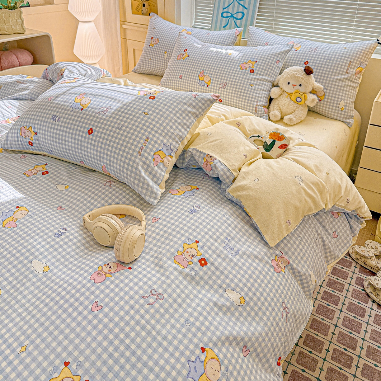 91家纺网 家纺一手货源 找家纺 名品家纺 2026新款100%纯棉四件套系列 蓝格星星