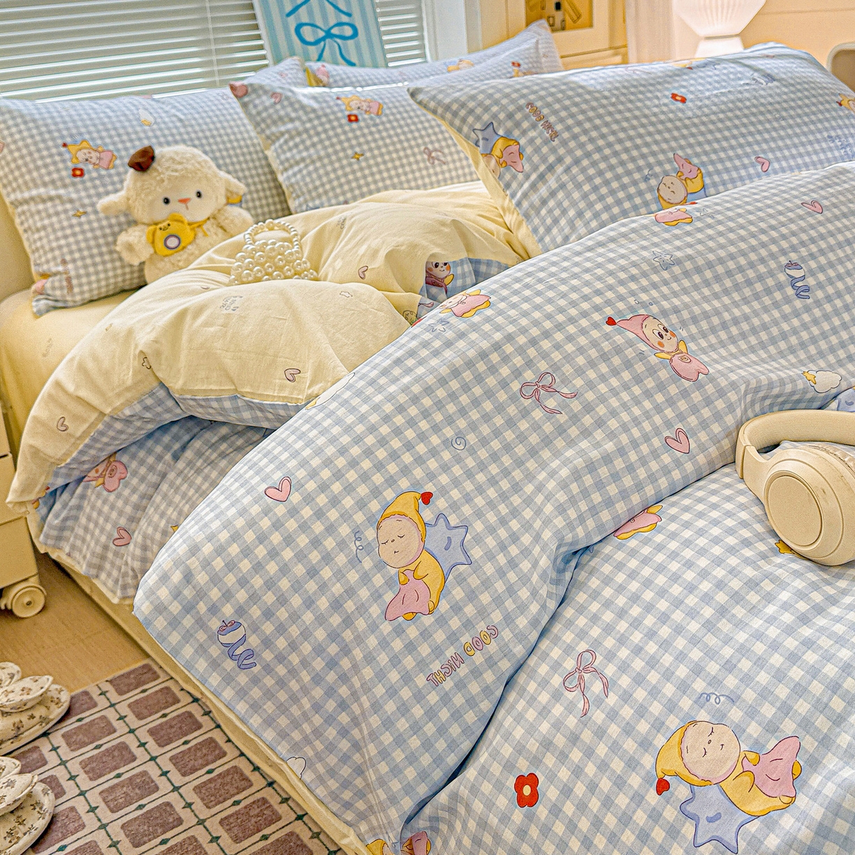 91家纺网 家纺一手货源 找家纺 名品家纺 2026新款100%纯棉四件套系列 蓝格星星