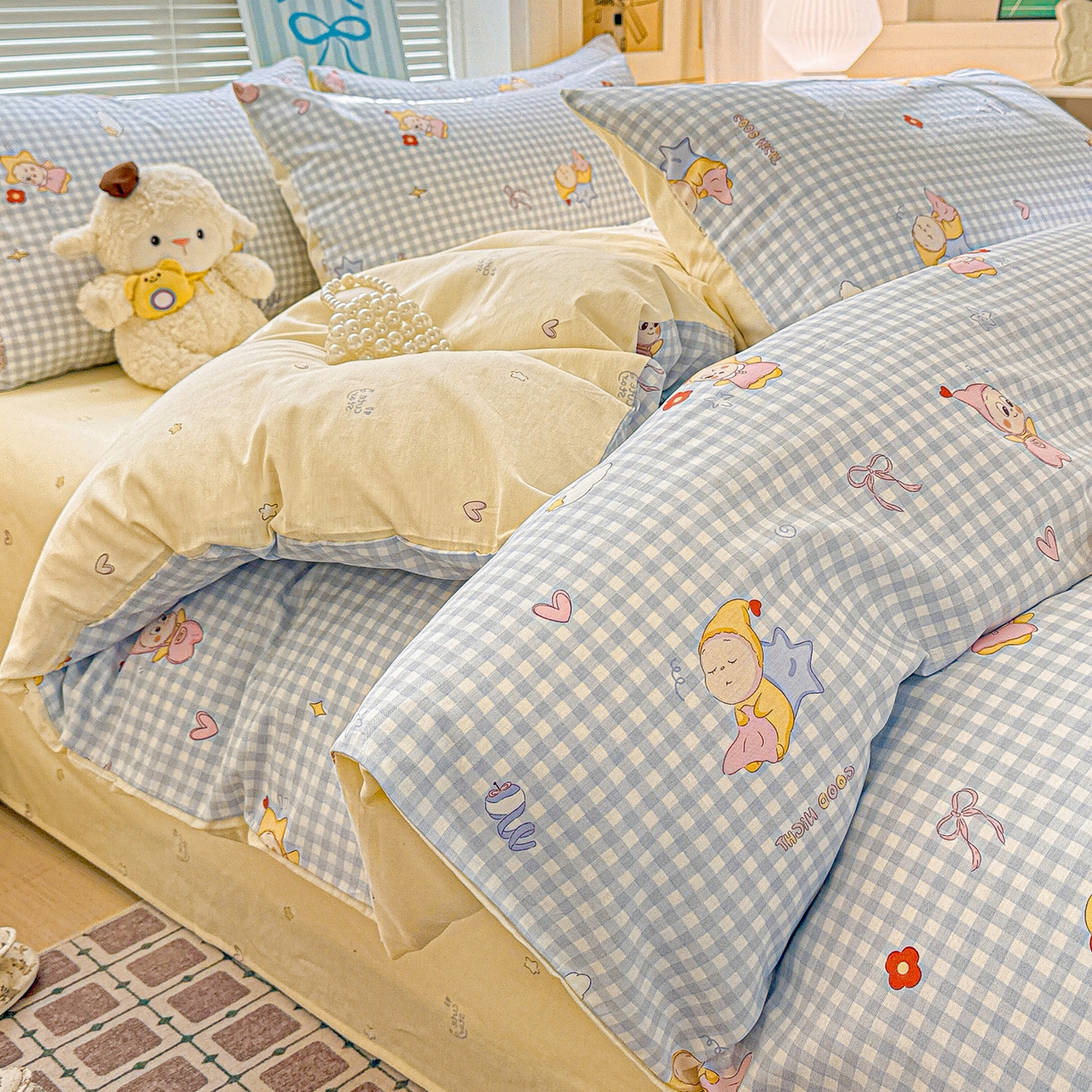 91家纺网 家纺一手货源 找家纺 名品家纺 2026新款100%纯棉四件套系列 蓝格星星