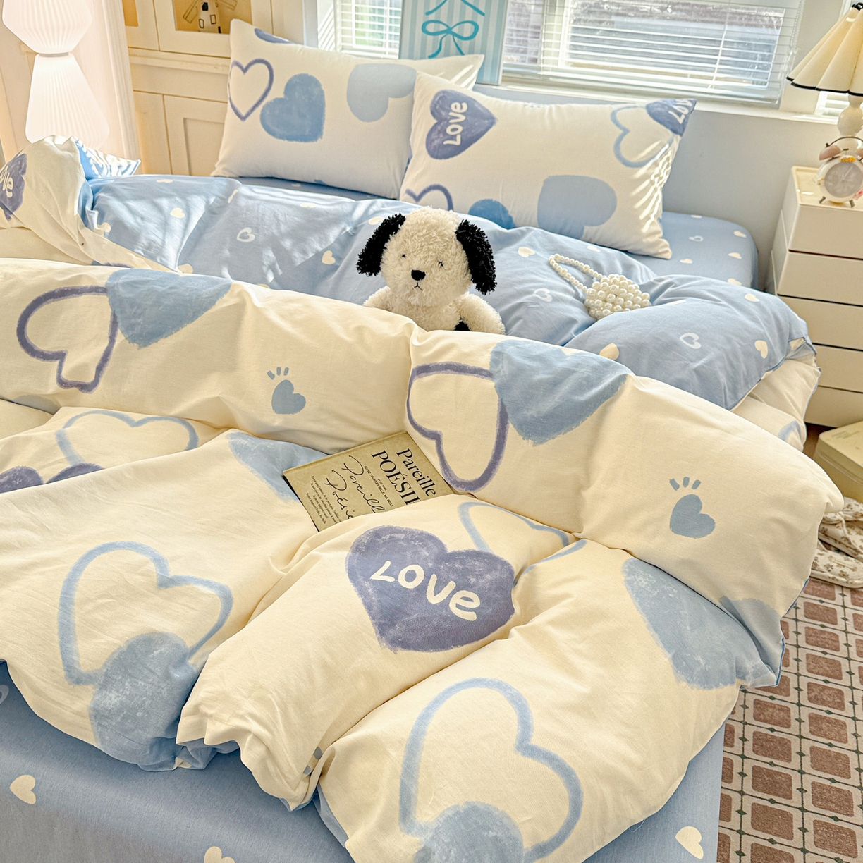 91家纺网 家纺一手货源 找家纺 名品家纺 2026新款100%纯棉四件套系列 奶油爱心