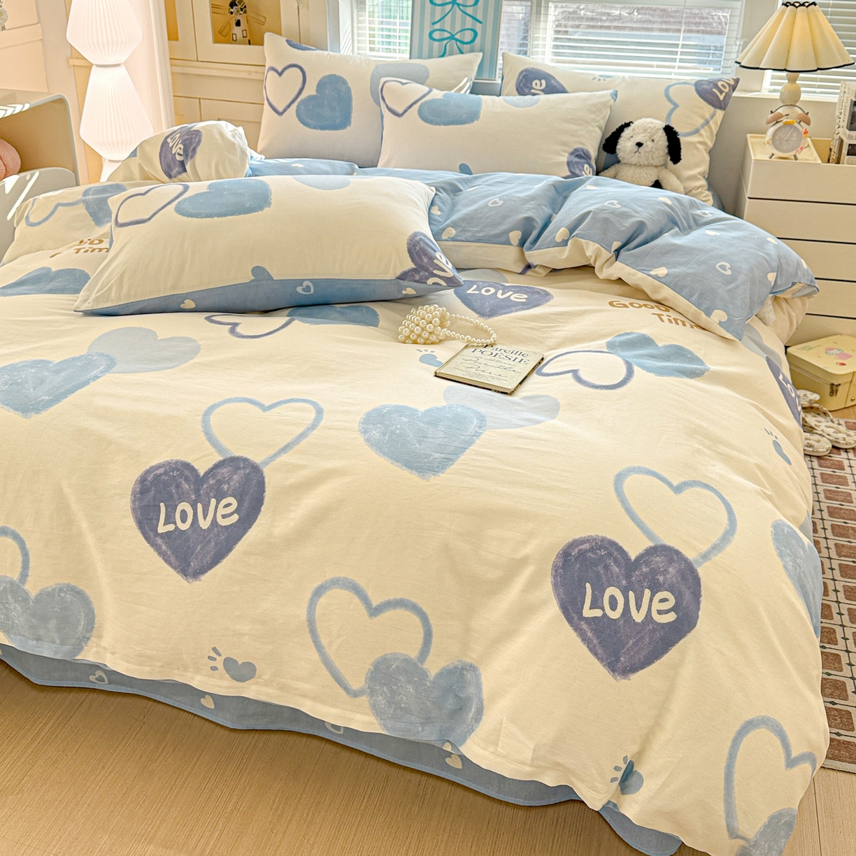 91家纺网 家纺一手货源 找家纺 名品家纺 2026新款100%纯棉四件套系列 奶油爱心